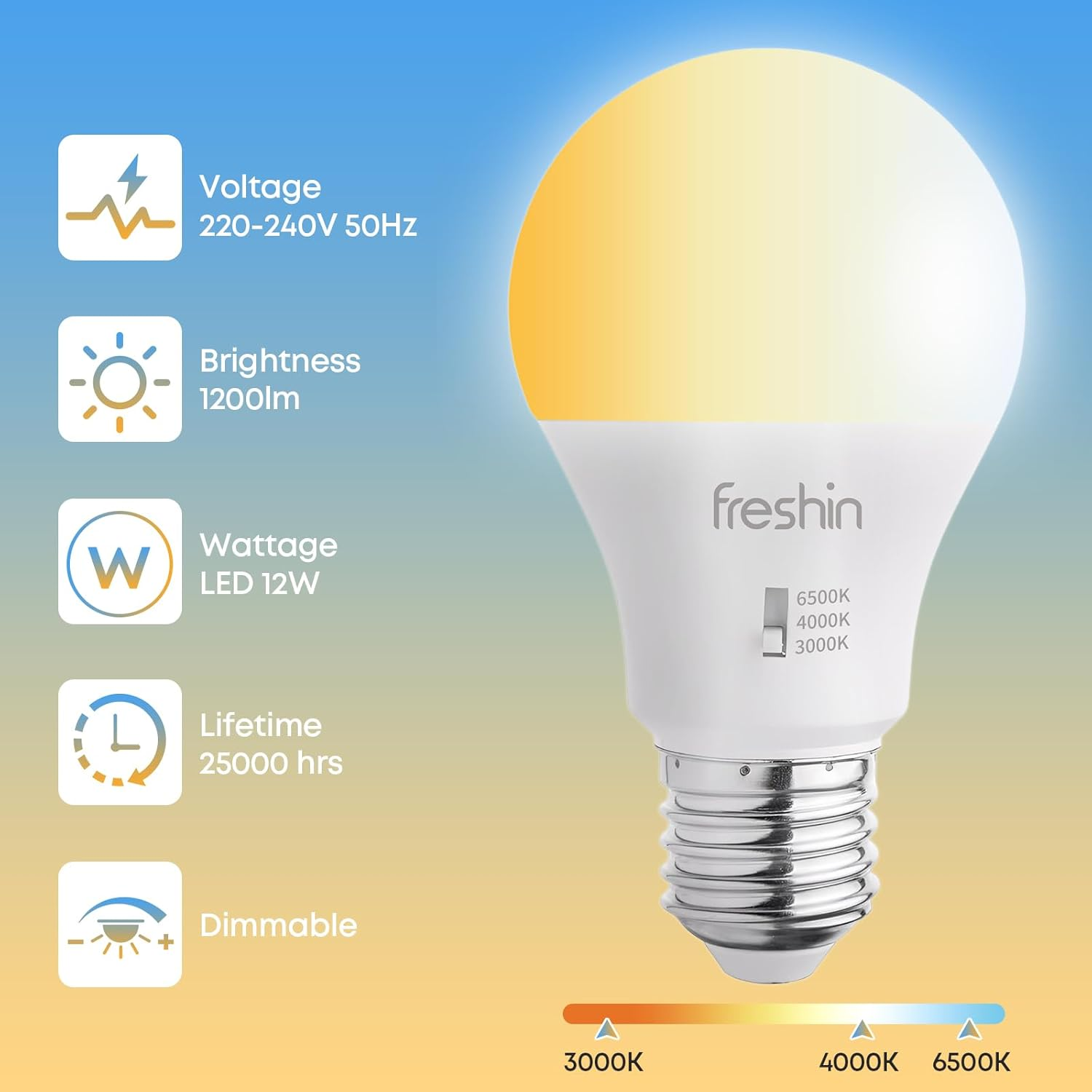 Tri-Colour LED Bulb FRESHIN E27 12W Dimmable 1200Lm Edison Screw, No Flicker Light Bulb, 3000K/4000K/6500K,3CCT Quick Manual Switch, CRI>80+, Energy Saving, RCM Certified (2) image number 1