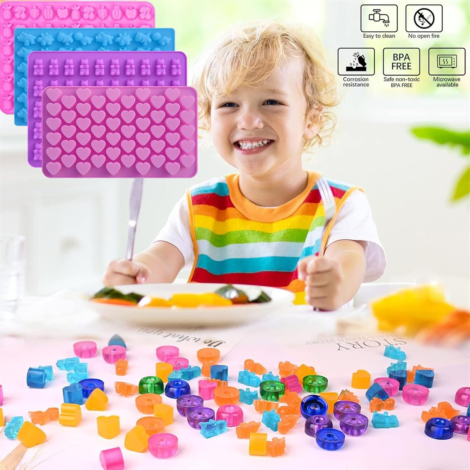 4 Pack Silicone Gummy Bear Candy Molds with 4 PCS Droppers, DIY Non-Stick Silicone Ice Cubes Jelly Chocolate Molds Including Mini Dinosaur, Bear Shape, Hearts and Mini Fruits for Kids image number 6