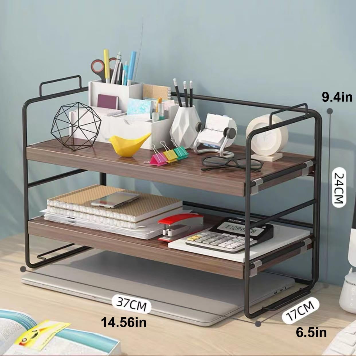 Hbluefat Desktop Shelf Organizer, 2-Tier Adjustable Wood Bookshelf Storage Rack, Small Multi-Functional Stackable Countertop Display Shelf for Home Office School (Walnut+Black) - Walnut+Black image number 6