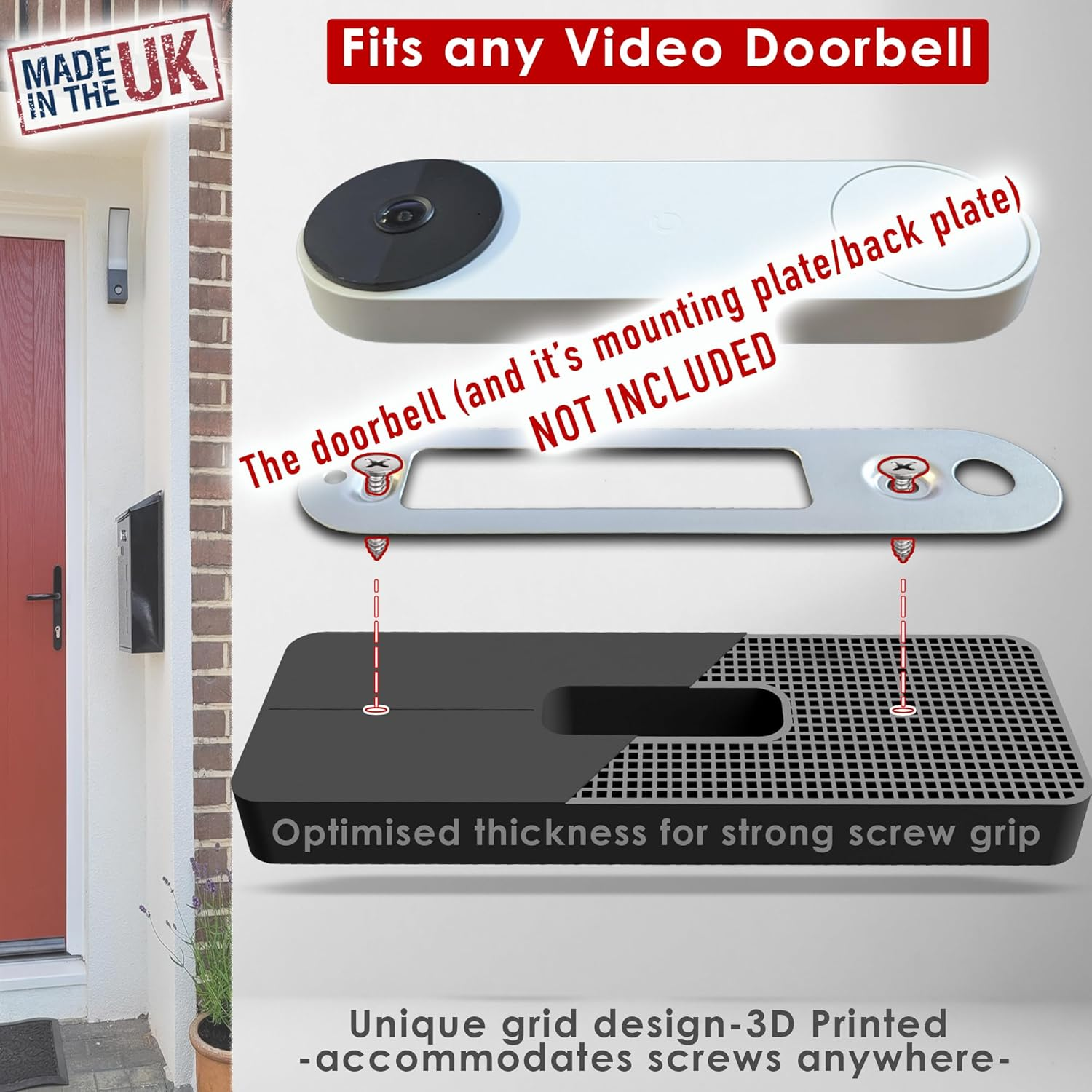 Slim Universal Self-Adhesive Bracket Compatible with Video Doorbell Aosu, Arlo, Blink, Eufy, Nest, Netamo, Reolink, Tapo, Wyze Video Doorbell Battery/Cable WLAN No Drilling, Easy Installation image number 1