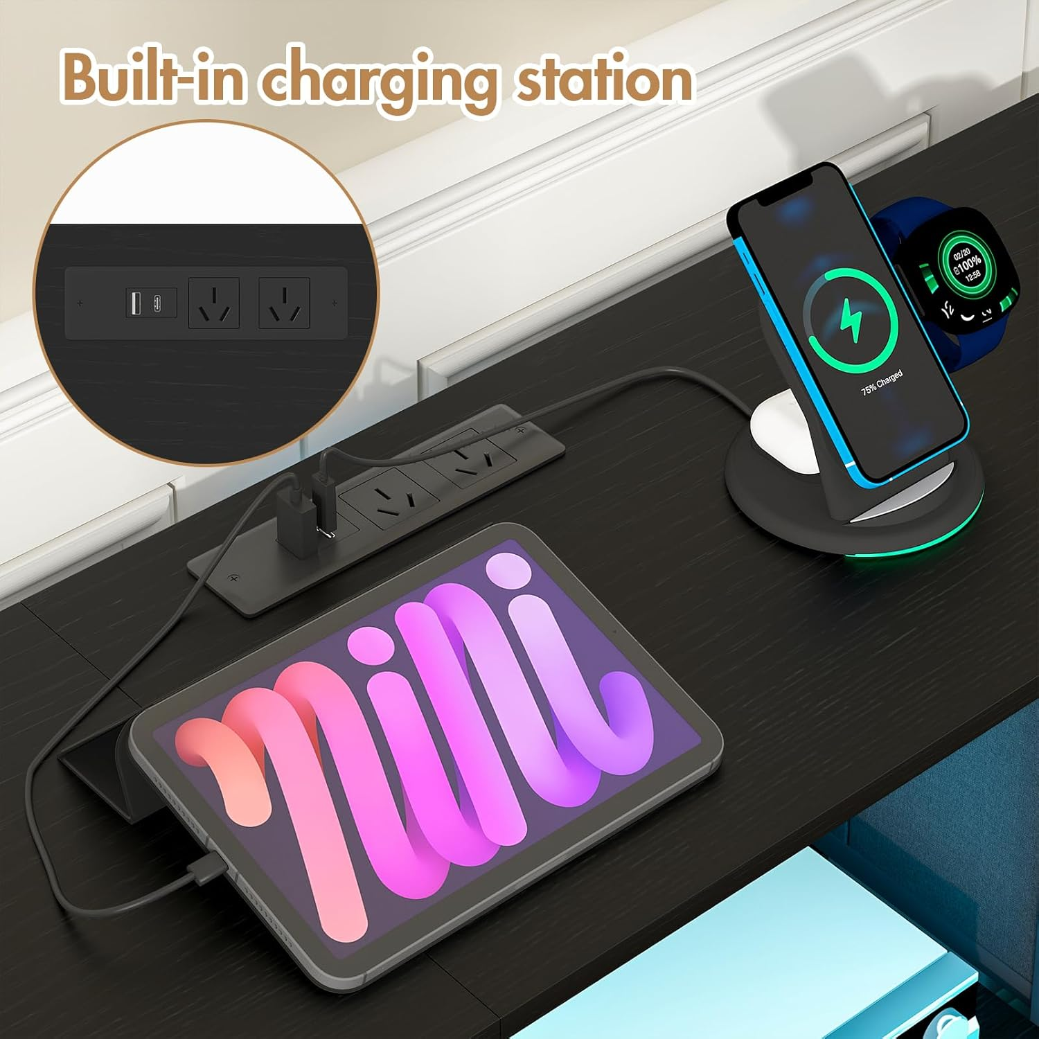 Advwin TV Unit Cabinet 140Cm with 16-Color RGB LED & Charging Station, TV Stand with 5 Storage Drawers & Open Shelf, Entertainment Center for Living Room, Bedroom, Black image number 7