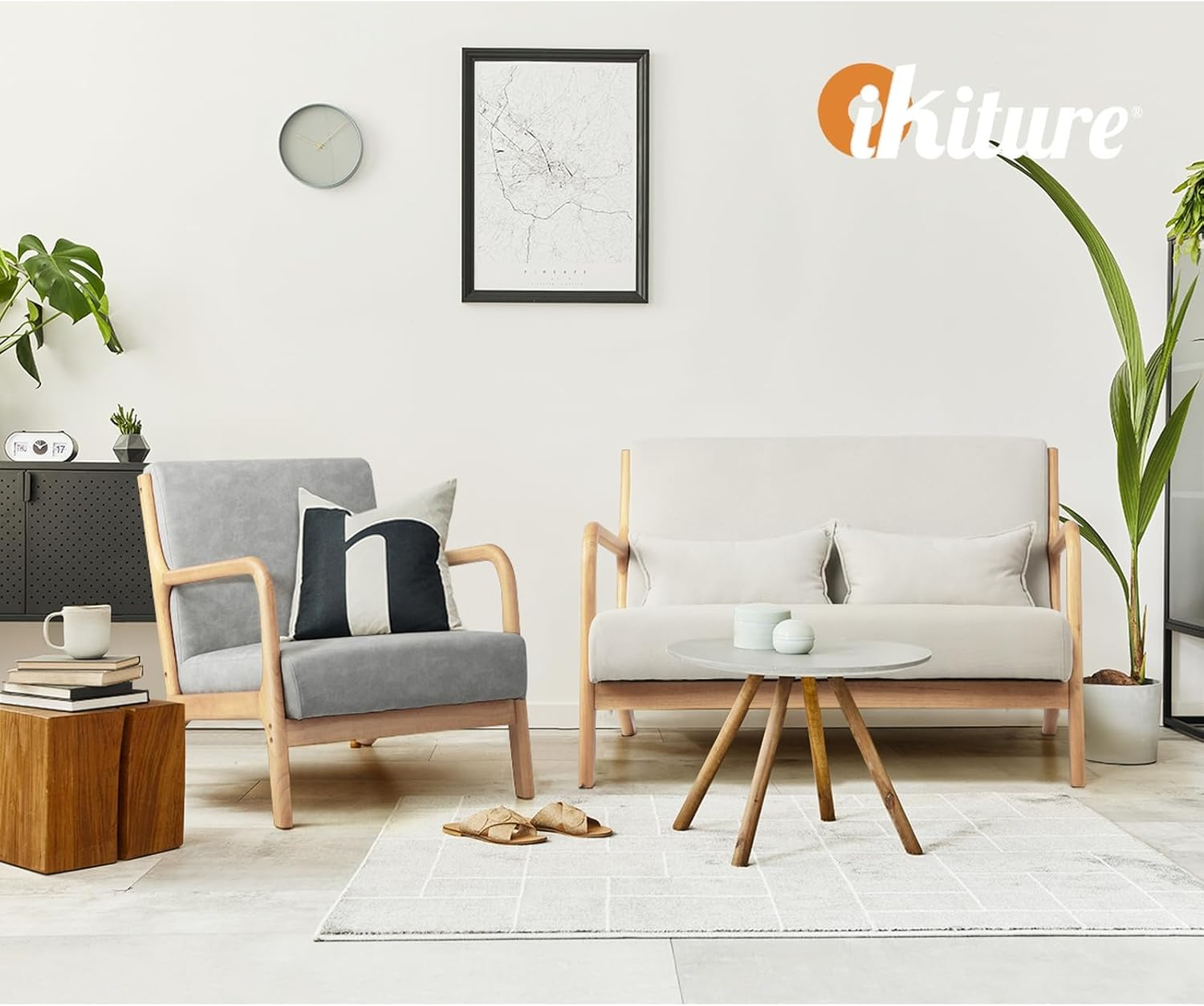 Oikiture Armchair with 2 Seater, Wooden Frame Lounge Chair with Pillow and Cushion Beige image number 5