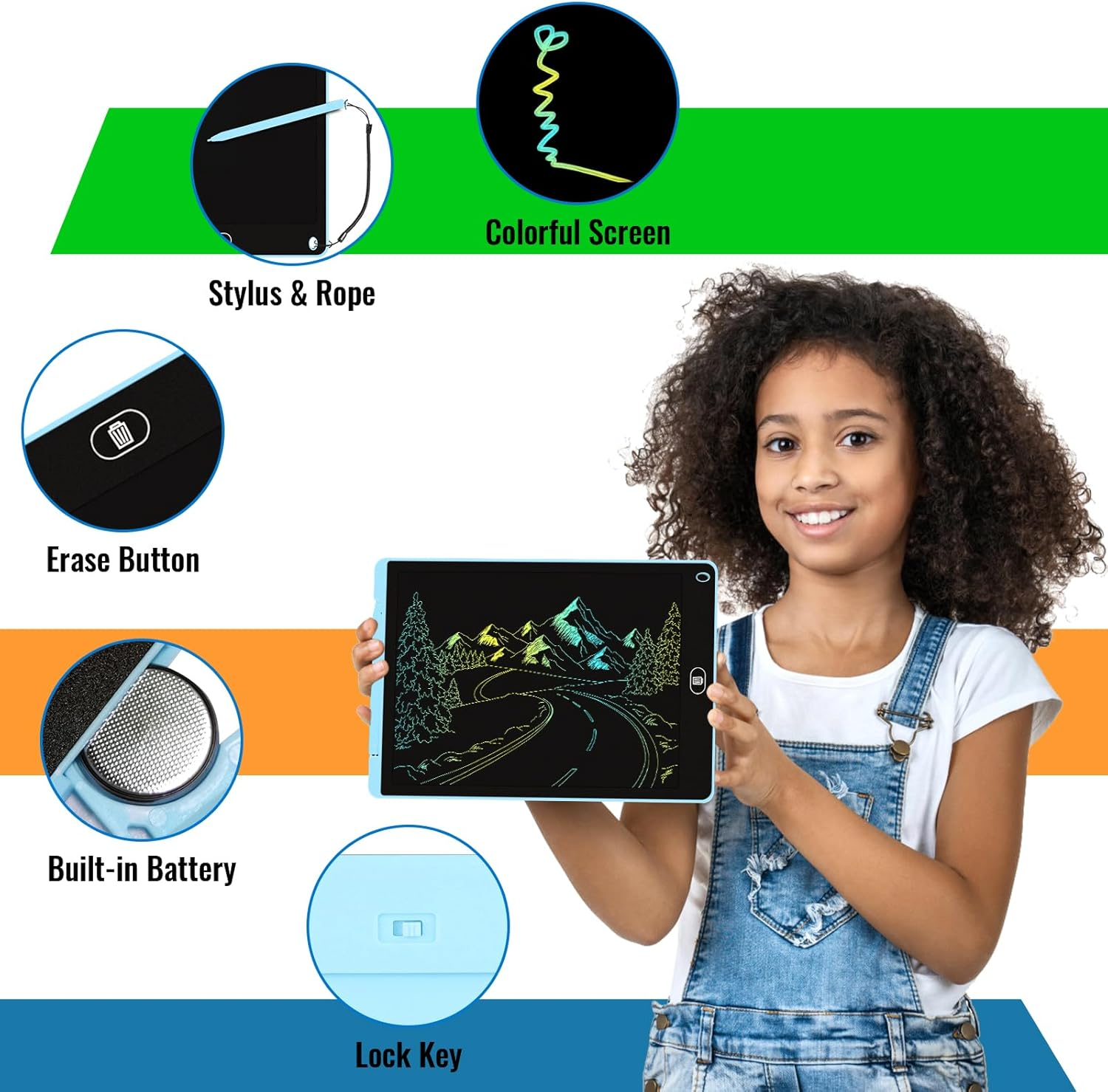 Electight 12 Inch LCD Writing Tablet for Kids, 2 Pack Colorful Doodle Board with Stylus, Eye Care Drawing Board with Lock/Delete FUNC, Portable Drawing Tablet for 3+ Years Old Boys Girls (Blue, Blue) image number 4