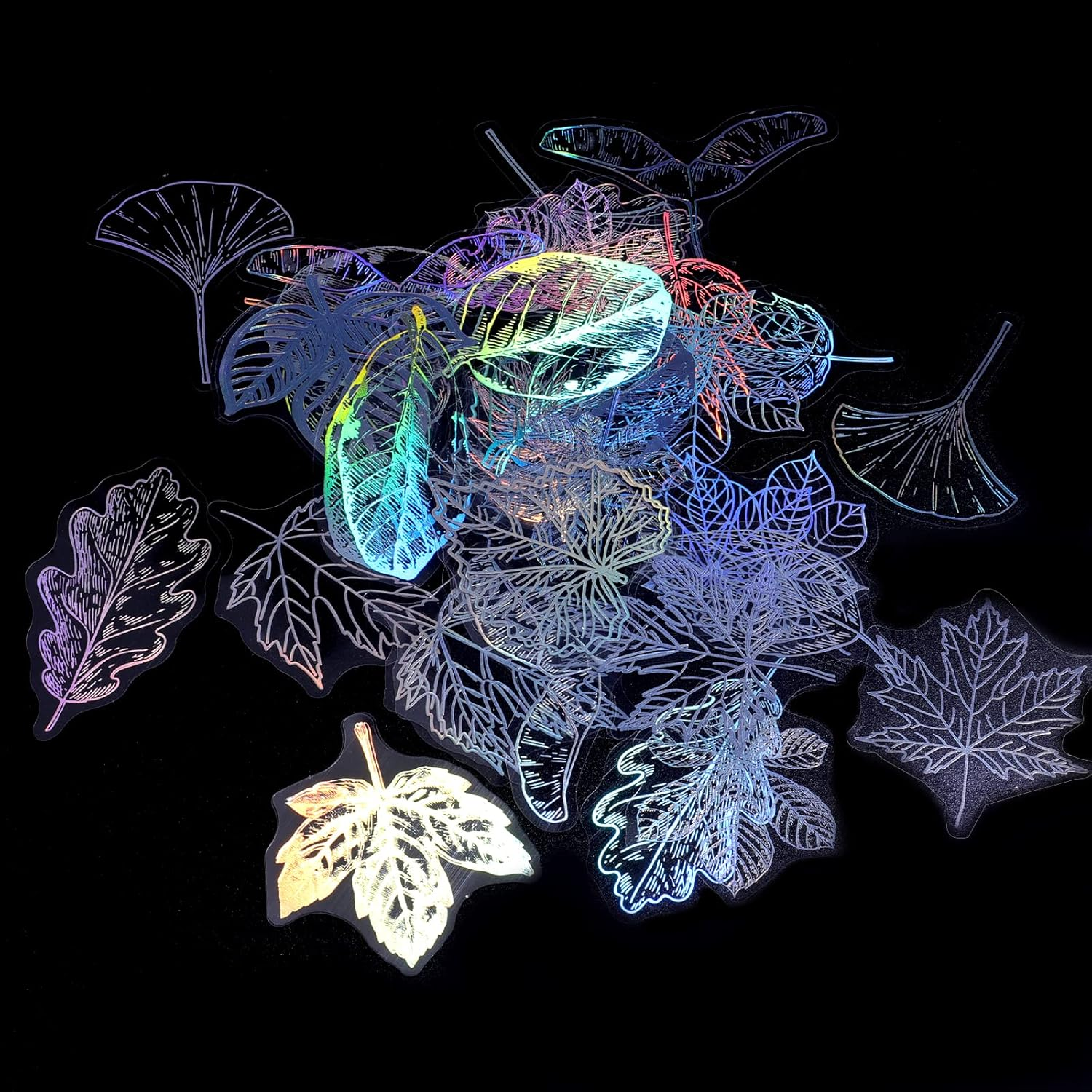 KINBOM 45Pcs Holographic PET Waterproof Glitter Resin Translucent Stickers - Transparent Adhesive for Scrapbooking, Diary, Daily Planner, Water Bottle (Leaf) image number 1