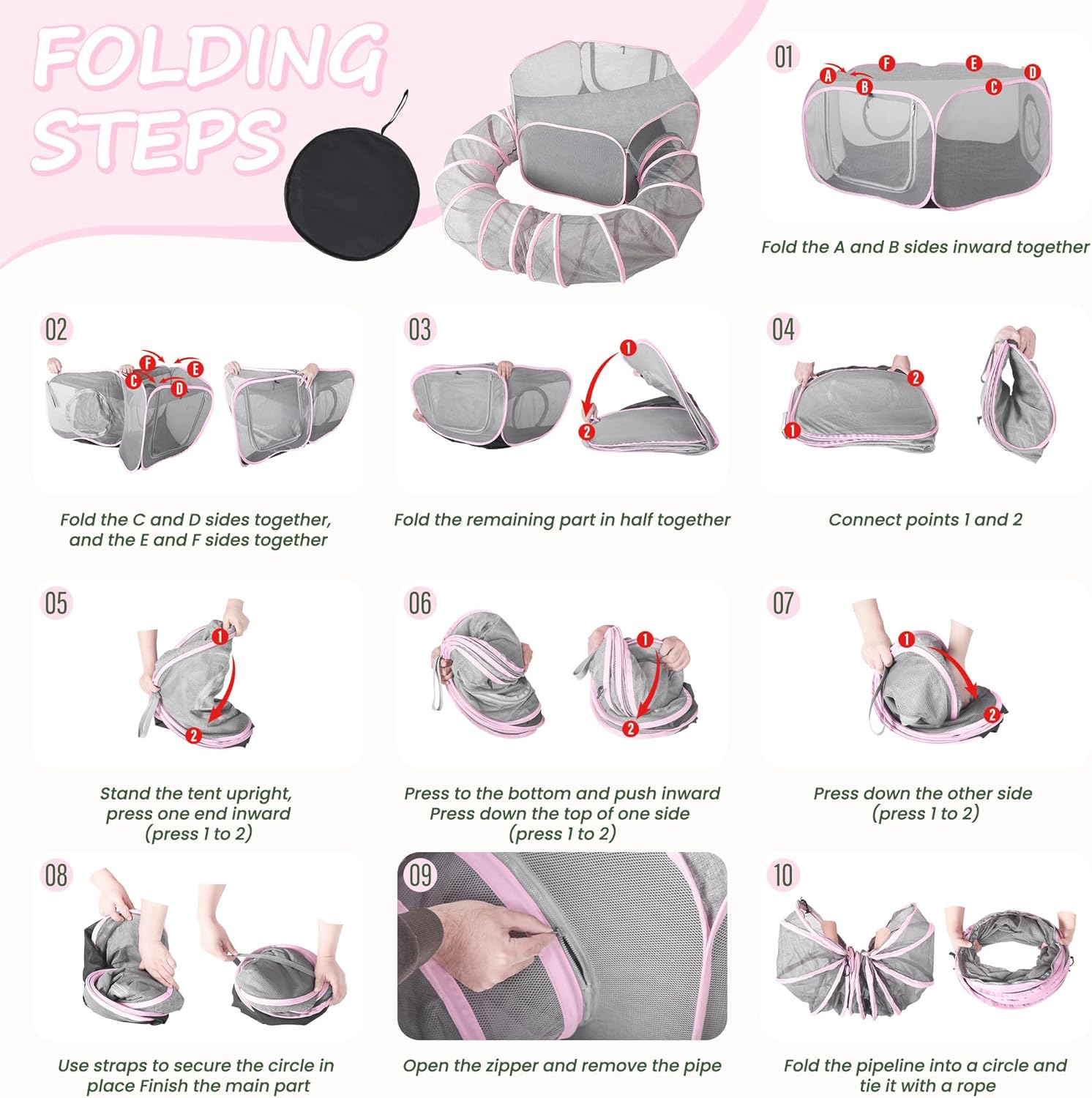 X-ZONE PET Outdoor Cat Enclosure, Portable Catio Playground, Enclosed Tent Playpen Tunnel for Indoor Cats & Small Animals, with Bag Storage 45 Inch Pink image number 1