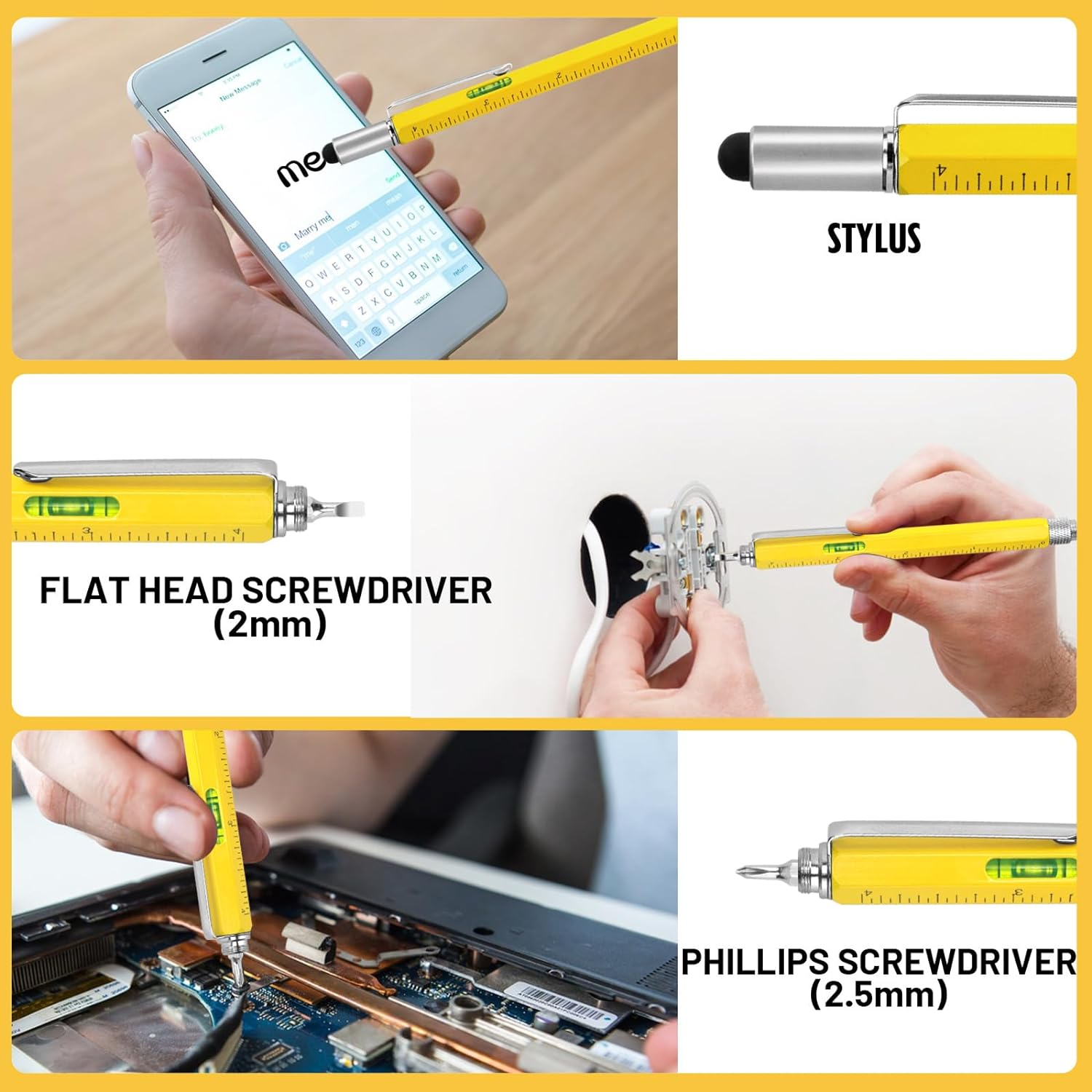 Cool Pen Gifts for Men, Cutier 6-In-1 Multi Tool Tech Pen Gadgets Tools for Men, Personalized or Him, Funny Christmas, Father'S Day Valentines or Birthdays Gifts (Yellow) - Black image number 3