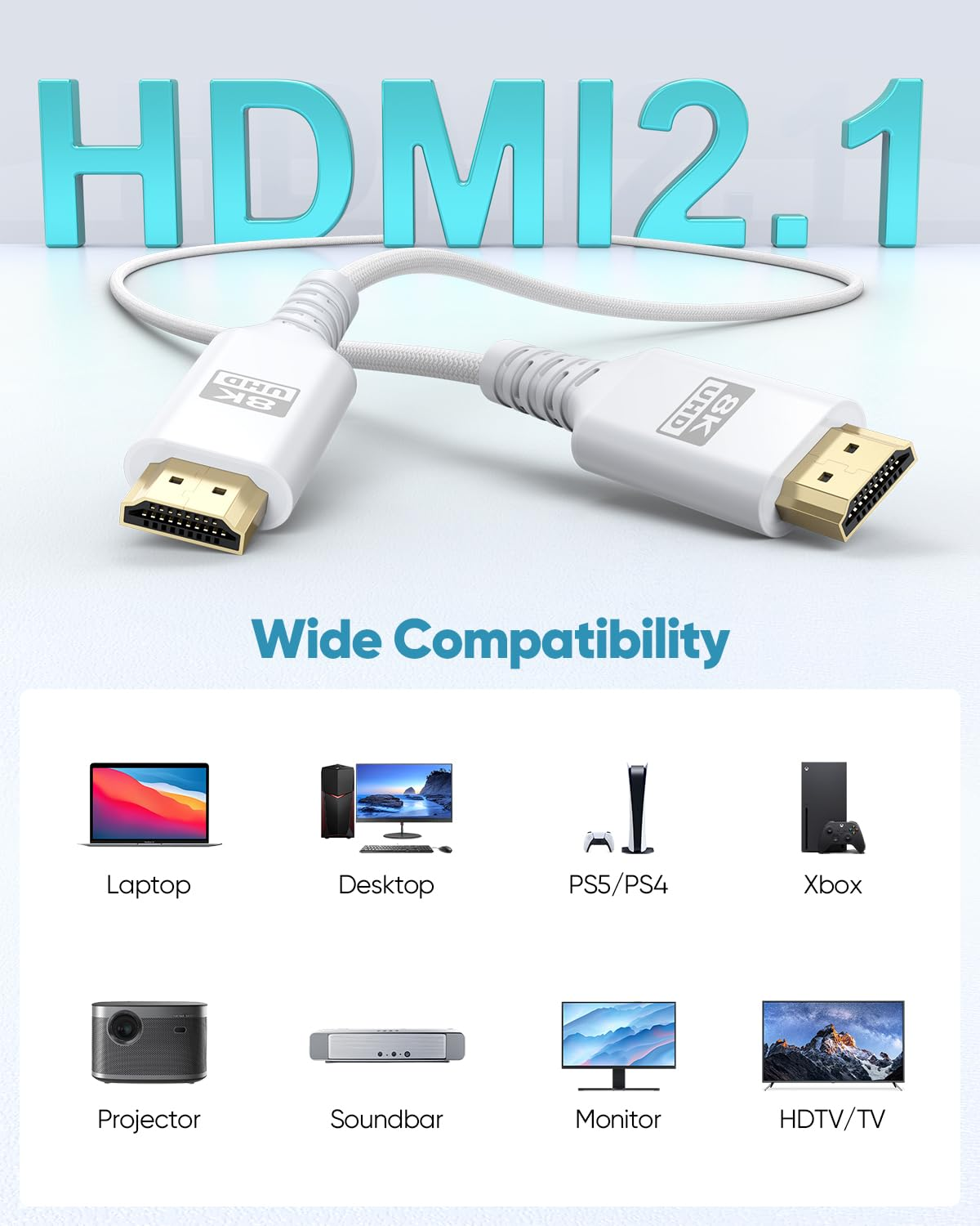 UVOOI 8K White HDMI Cable 6.6FT/2M, 48Gbps Ultra High Speed HDMI 2.1 Cable Earc Braided HDMI Cord with 8K@60Hz, 4K@120Hz, HDR10+, Dolby, 3D, HDCP2.3 for Laptop/Monitor/Hdtv/Soundbar/Blu-Ray/Ps5/Xbox image number 2