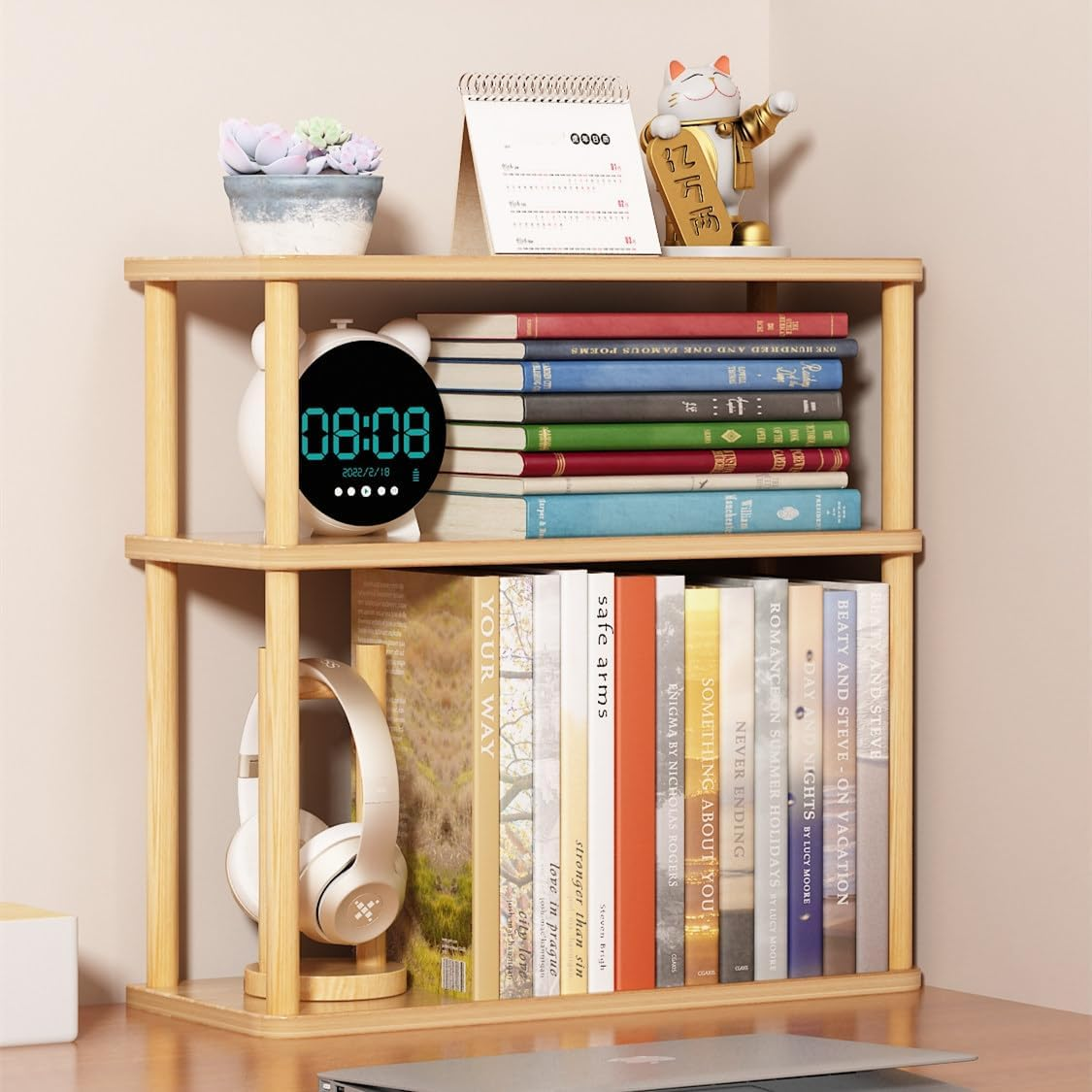 Hbluefat Desktop Organizer Shelf, 2-Tier Solid Wood Adjustable Bookshelf Storage Rack, Small Countertop Bookcase Display Shelf for Home Office (White)