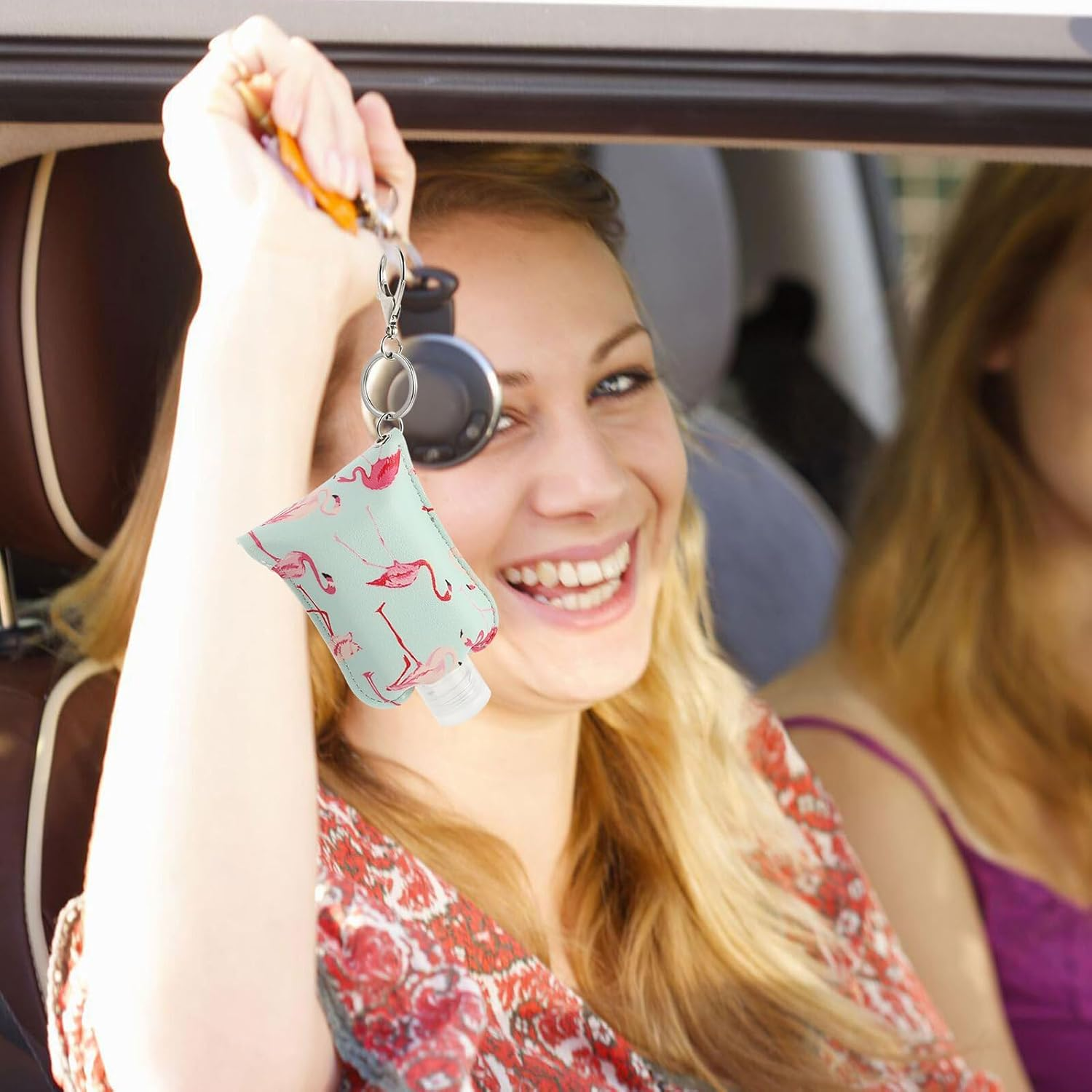 ADOCARN 60Ml Travel Hand Sanitiser Bottle PU Leather Keychain Holder, 2Pcs Set Portable Hand Leather Case for Travel Bottle Container Random Style image number 2