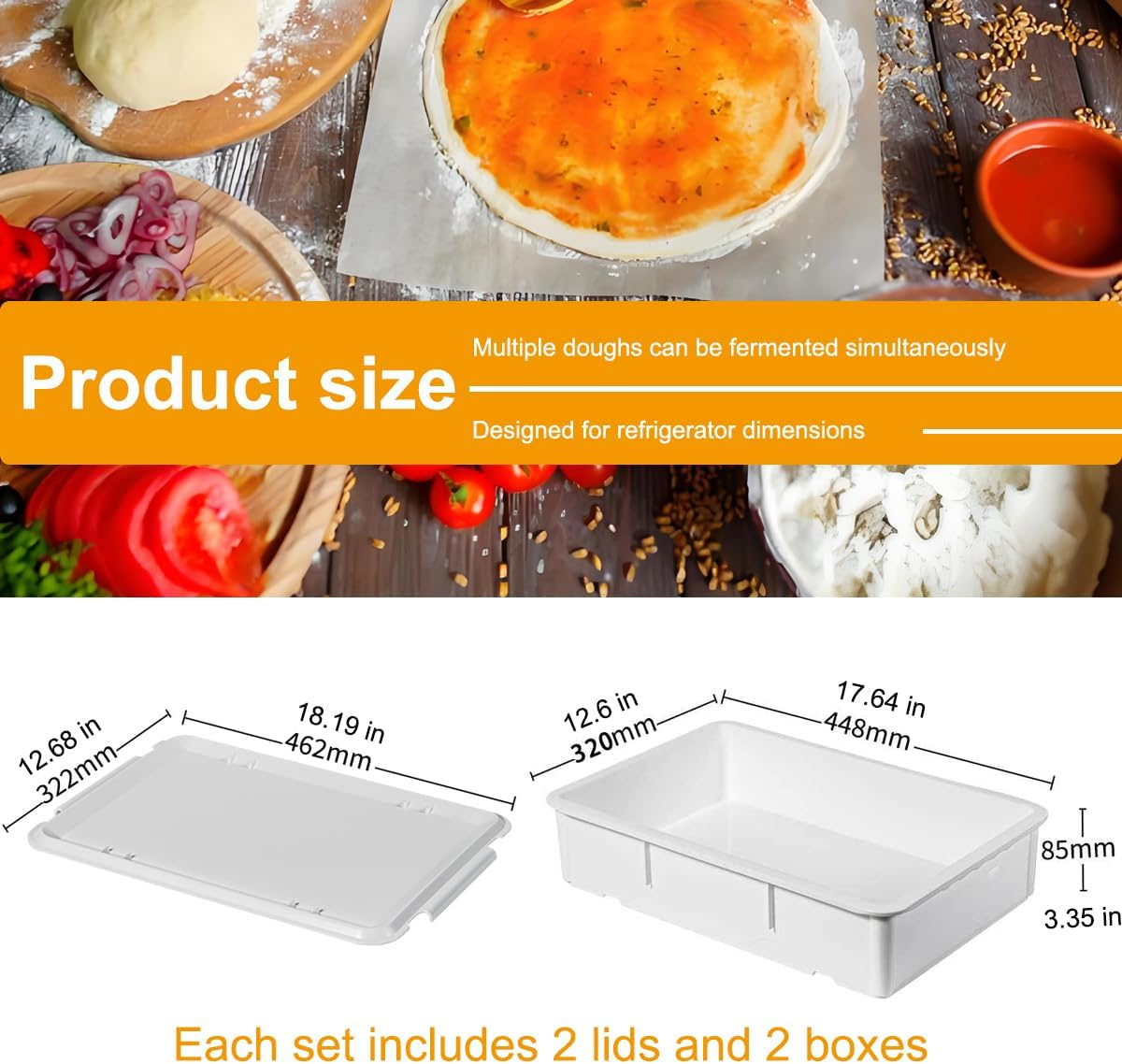 2 Pizza Dough Proofing Box,2 Pack Pizza Proofing Box with 2 Pack Cover and Lid,Bpa Free Plastic Bread Box Vegetable Storage (44.5 Cm* 32 * 8.5 Cm) Bread Box and Pizza Tray image number 2