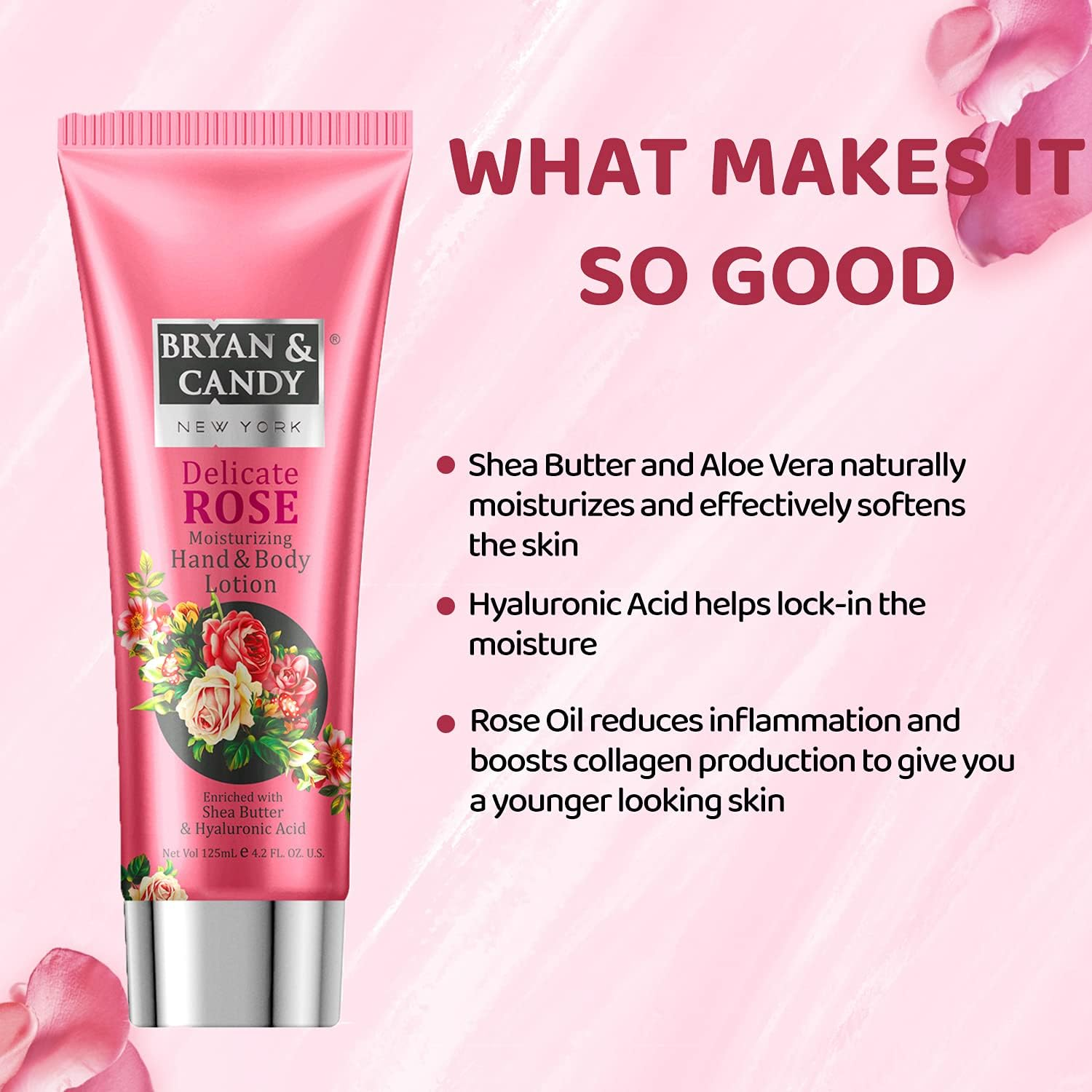 Bryan & Candy New York Delicate Rose Moisturizing Hand and Body Lotion Enriched with Shea Butter & Hyaluronic Acid for Smooth, Moisturized Skin (125Ml)