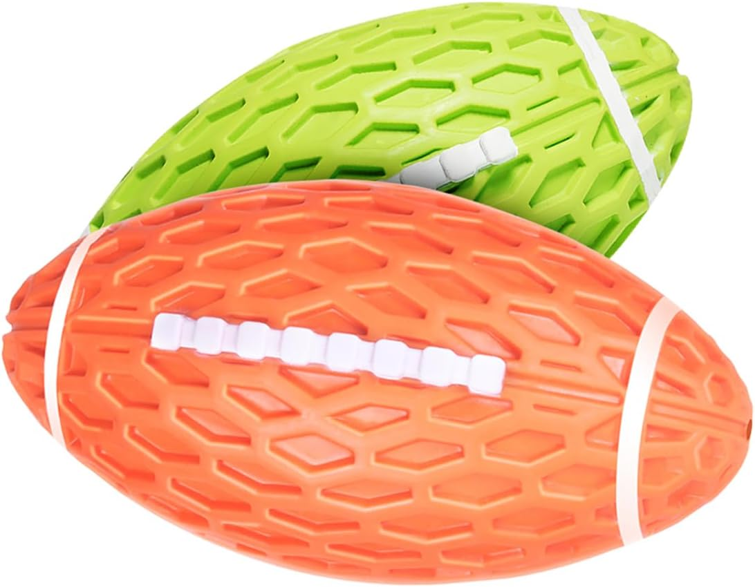 AUSCAT 2PCS Squeaky Dog Football Toy for Aggressive Chewers, Tough Rubber Dog Ball for Medium Large Dogs, Green and Orange, Large, 5.5"/14 Cm image number 5