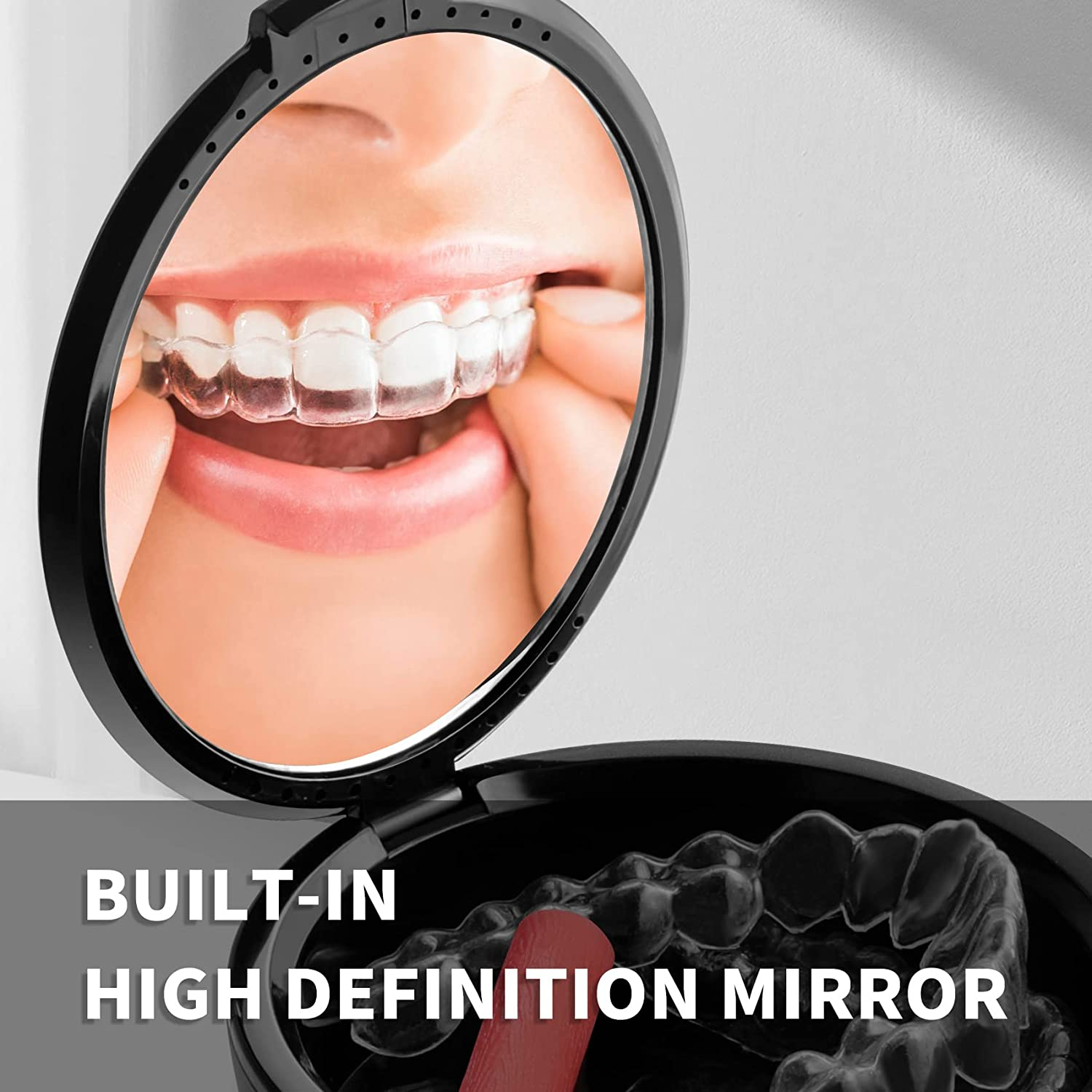 Orthodontic Retainer Case with Mirror, Mouthguard Case Small Retaniner Container Partial Denture Holder Case with Vent Holes for Night Guards, Aligner Trays - Black image number 6