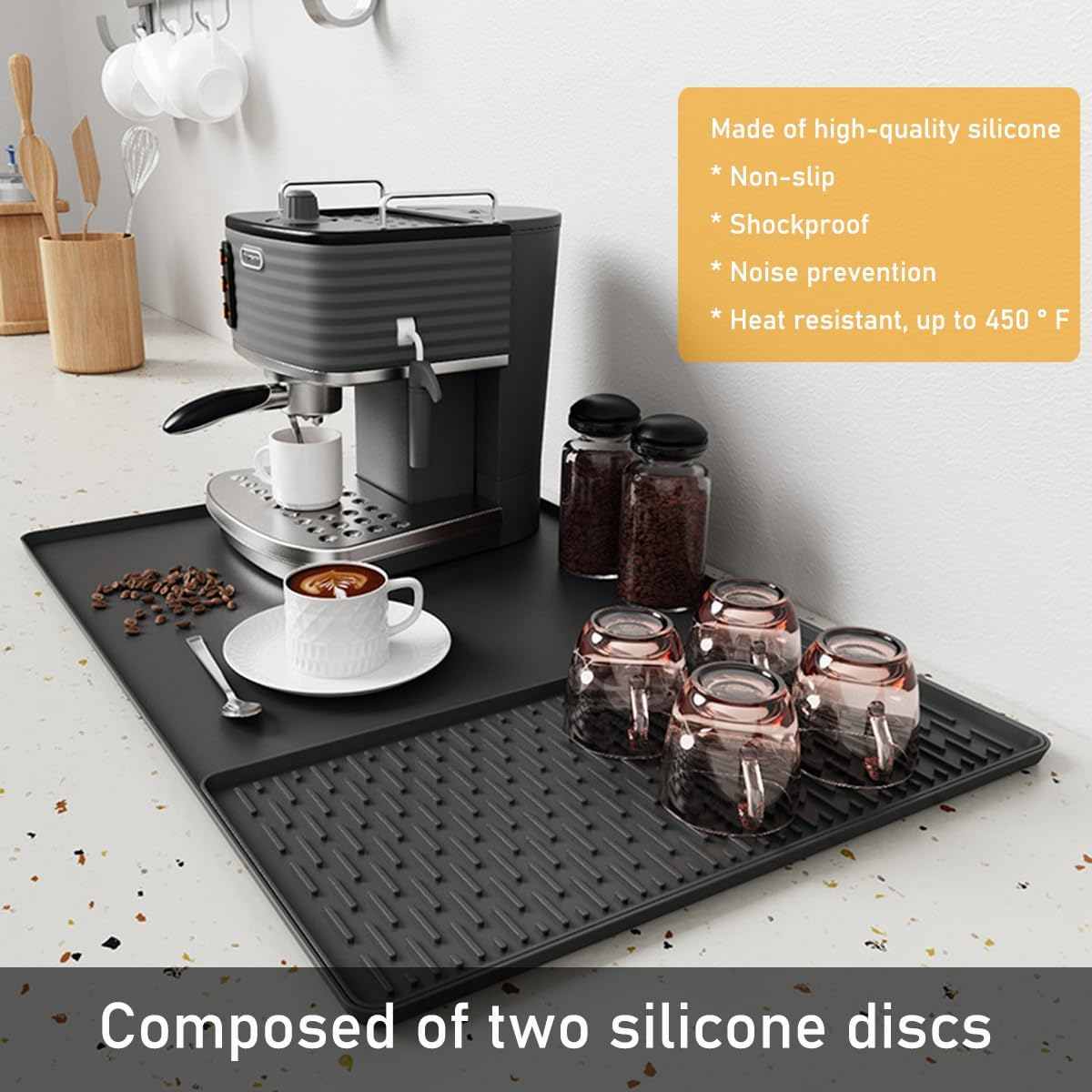 Silicone Coffee Mat, 24'' X 16'' Coffee Accessories,Coffee Bar Mat with Detachable Dish Drying Mat for Kitchen Countertops,Fit for Coffee Maker Machine, Coffee Pot ,Espresso Machine ,Gray image number 5