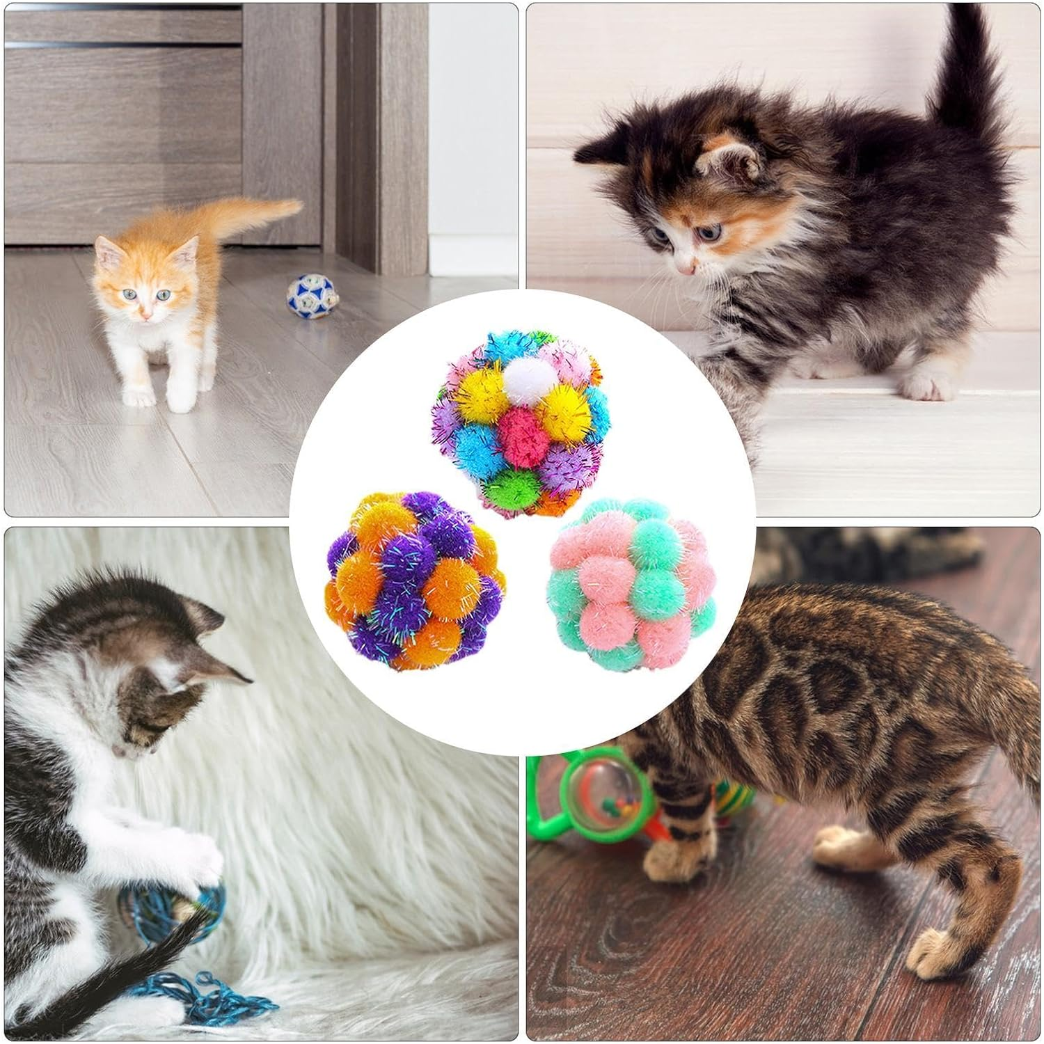Fuzzy Cat Balls - Stuffed Cat Ball Toy - Assorted Color Balls Fuzzy Balls, Interactive Toys for Indoor Cats and Kittens, Toys image number 2