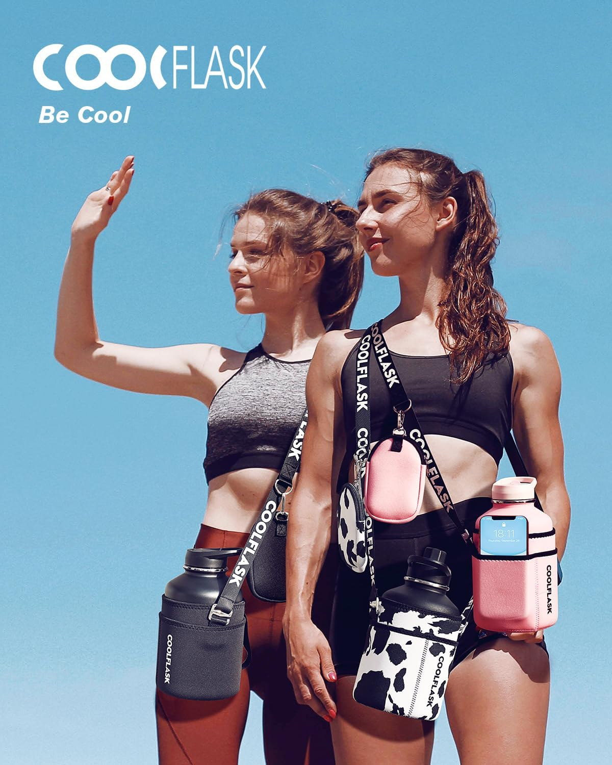 Coolflask 64 Oz Insulated Water Bottle with Strap & Sleeve, Half Gallon Water Jug 3 Lids Stainless Steel Multifunctional Flask Bpa-Free, Keep 48H Cold 24H Hot, Compact Yoga/Gym Bottle, Black image number 5