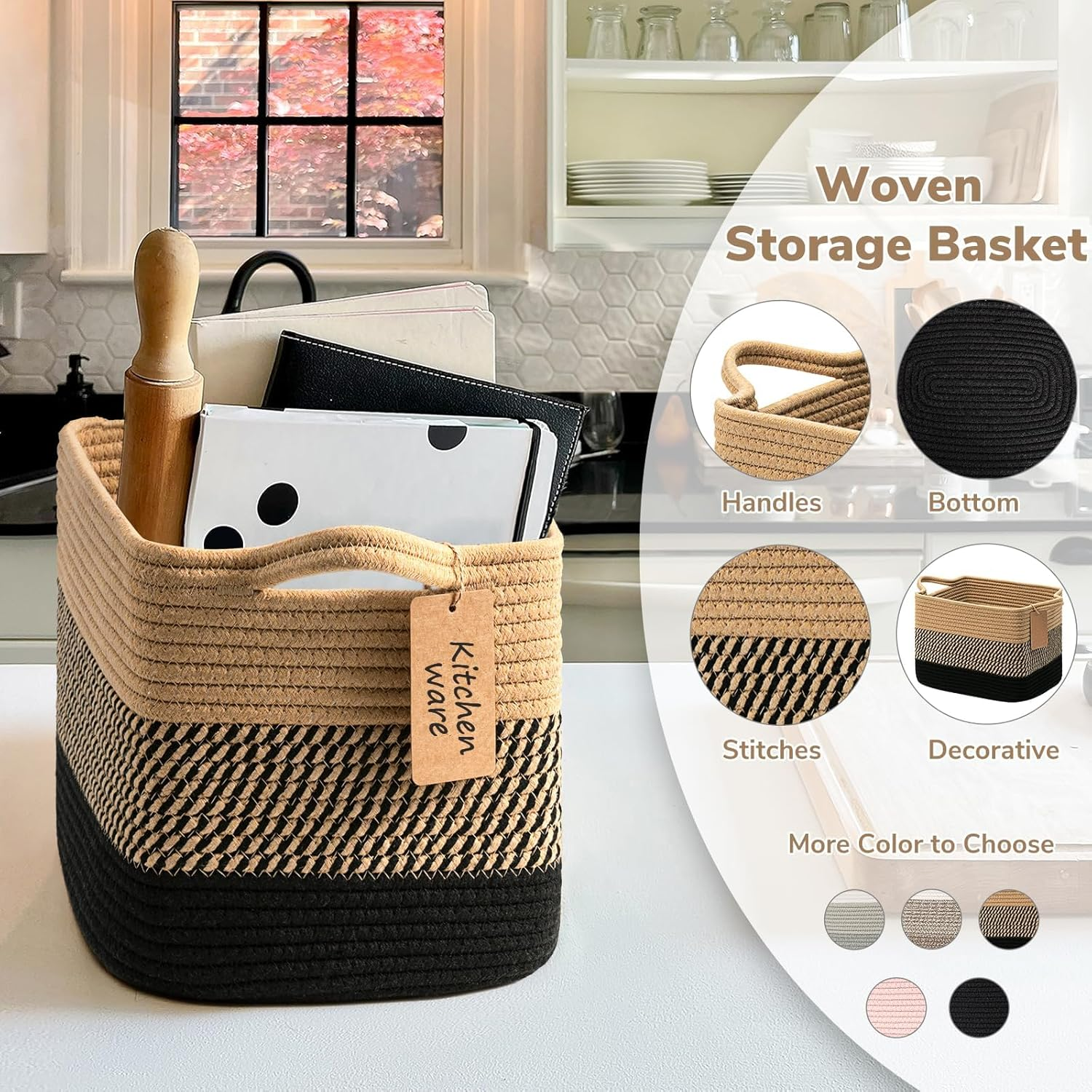 Storage Basket, Woven Baskets for Shelves, Cotton Rope Basket for Toys, Towel Baskets for Bedroom, 33 X 25 X 23Cm, 3 Pack, Black Jute image number 3