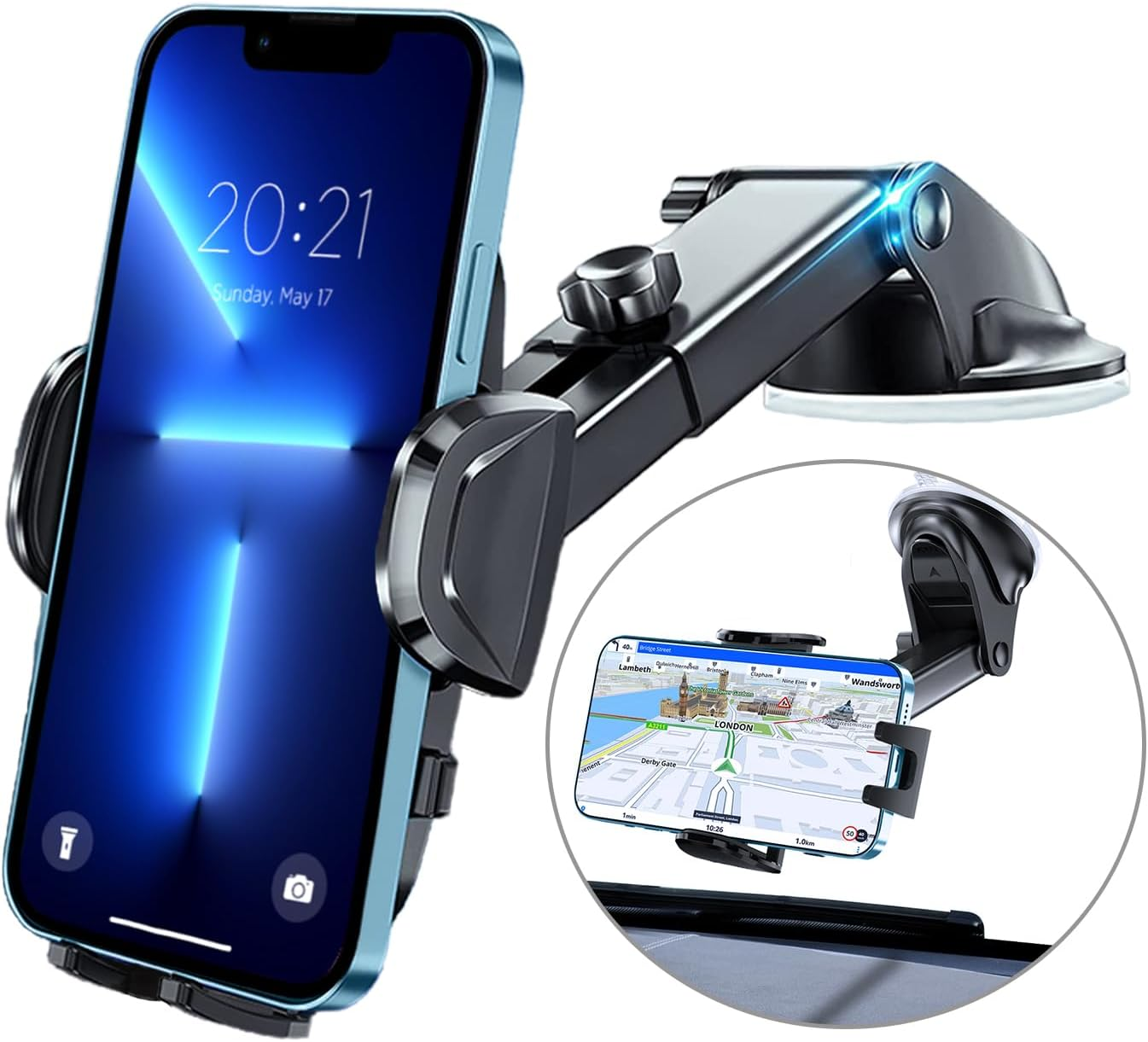 Hocerlu Mobile Phone Holder Car - Ultra Stable Car Mobile Phone Holder Suction Cup for Dashboard and Windscreen, All-Round Silicone Shockproof, 360&deg; Rotatable, One Button Release, for 3.8-6.7 Inch Smartphones image number 3