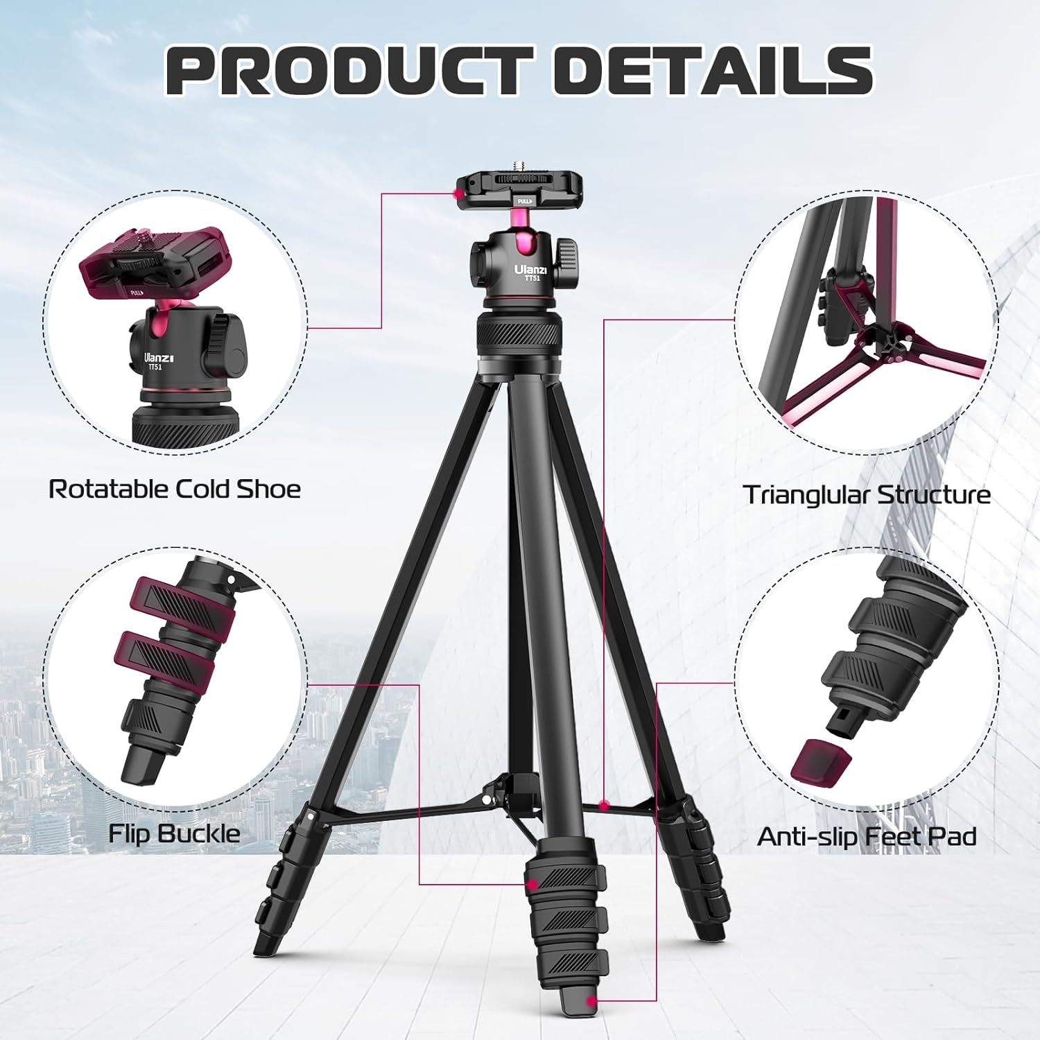2 in 1 Camera Phone Video Tripod - ULANZI TT51 Portable Tripod Stand I 360&deg; Rotable Ball Head I Hidden Cold Shoe Phone Holder I 600G Lightweigt I 1.38M/51In Long I 5 Section Extenable Vlog Tripod image number 5