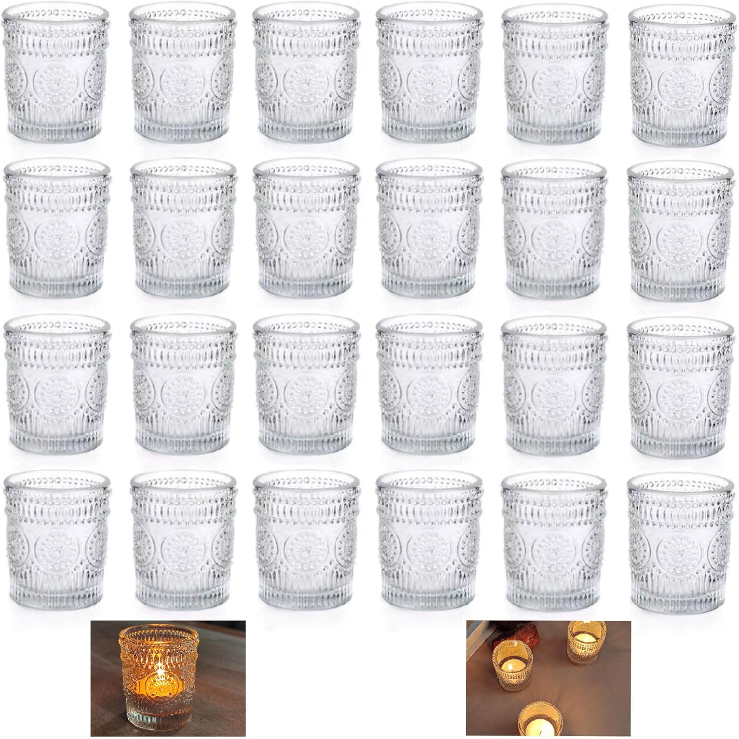 Set of 24 Clear Glass Votive Candle Holders, Tealight Candle Holders for Table Centerpieces, Relief Sunflower Shape, Wedding, Home, Bridal Shower, Birthday Party Table Decor (Clear) image number 2