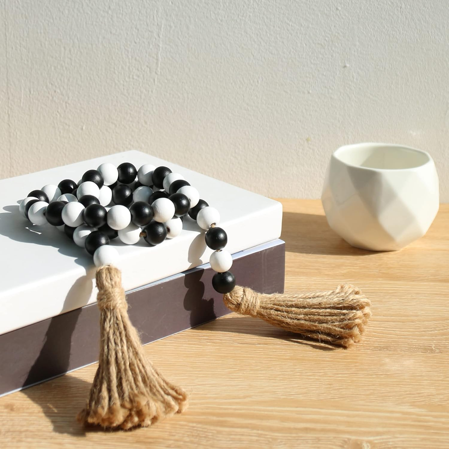 Meplait Wood Bead Garland - 39In Farmhouse Beads with Tassels for Tiered Tray Decor - Black & White - Christmas image number 2