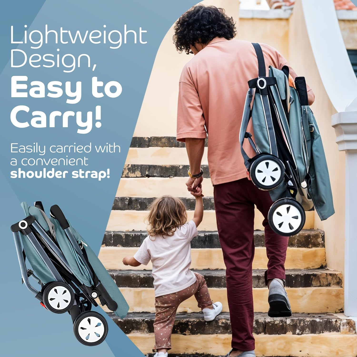 Travel Stroller, Ultra Lightweight One-Hand Compact Foldable Baby Travel Pram & Stroller with Adjustable Built in Carry Strap and Cup Holder, Easy Carry with Adjustable Suitcase Handle (Green) image number 2