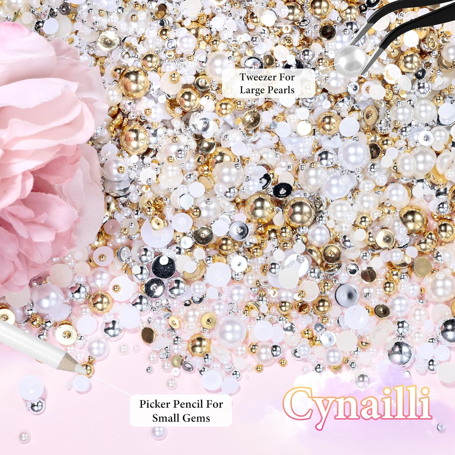 9000 Pcs Gold Silver Flatback Pearls for Crafting, Half round Nail Pearls, Silver Gold Nail Gems Beads, 2-8 Mm White Beige Pearls Beads for Nails DIY Jewelry Face Makeup with Pickup Pencil Tweezer image number 2