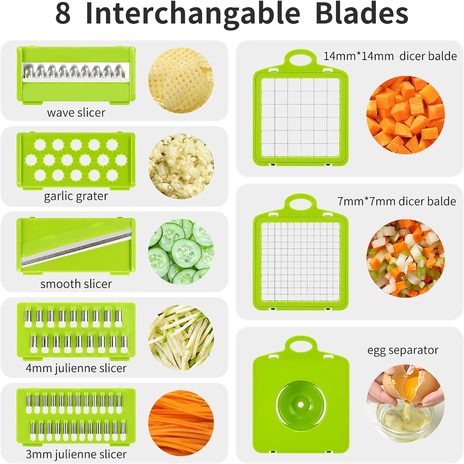 Senbowe Vegetable Chopper, Multifunctional 16-In-1 Food Choppers Onion Chopper Vegetable Slicer Cutter Dicer Veggie Chopper with 8 Blades,Colander Basket,Container for Salad Potato Carrot Garlic - Gray+Green image number 4