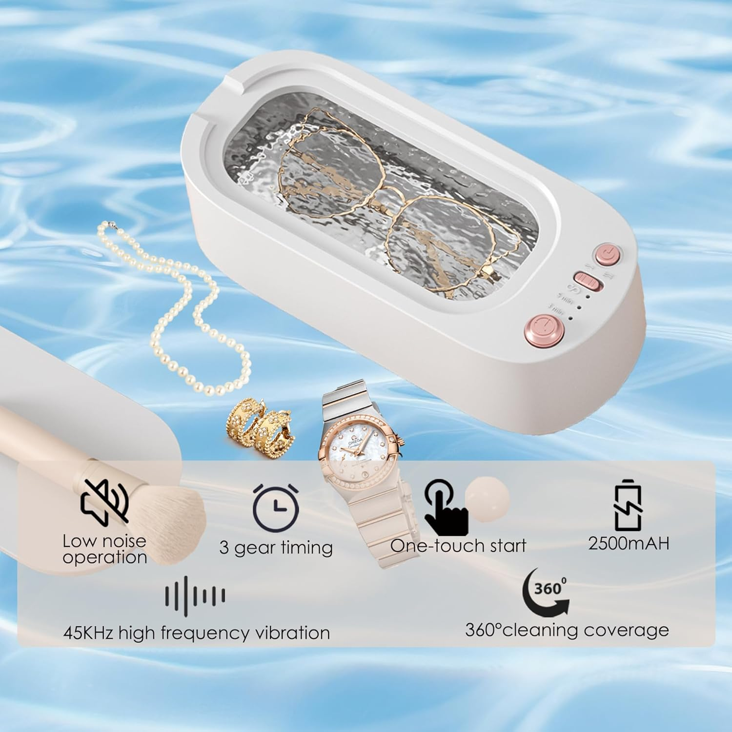 Fenikle Ultrasonic Cleaner, Portable Travel Ultrasonic Jewellery Cleaner with 3 Mode, Rechargeable 45Khz Makeup Brush Cleaner for Ring, Watch, Retainer Cleaner, Professional Glasses Cleaner. image number 5