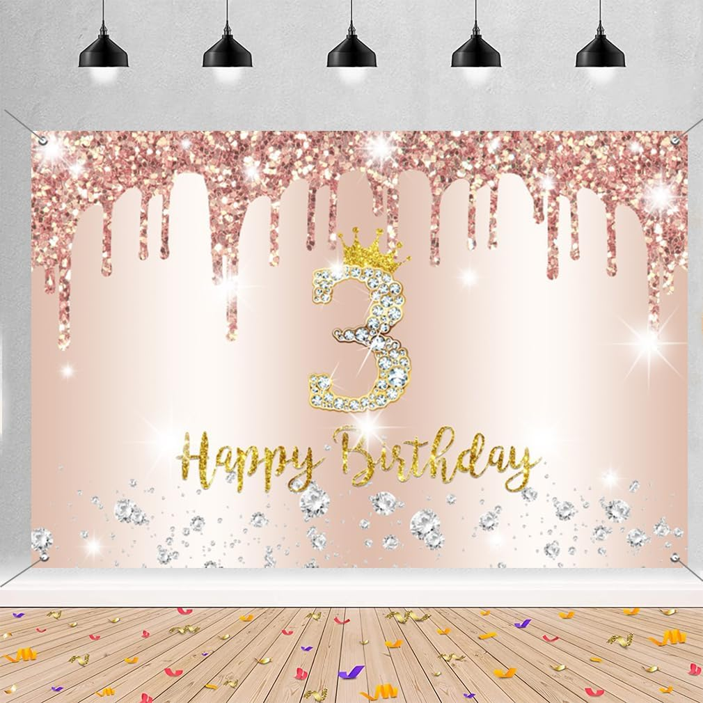 3Rd Birthday Decorations for Girls Happy 3Rd Birthday Backdrop Banner Party Deco Girl 3 Years Old Sign Poster Rosegold Photo Background 3Rd Birthday Party Supplies, 150 Cm X 90 Cm image number 1