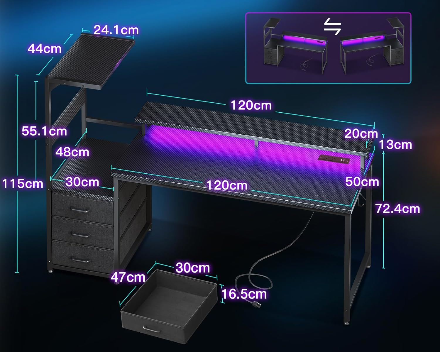 ODK 59Inch Gaming Desk with LED Lights & Power Outlet, Reversible Computer Desk with Drawers, Gaming Table with Monitor Stand & Storage, 151 * 50 * 114.7Cm, Carbon Fiber Black image number 4