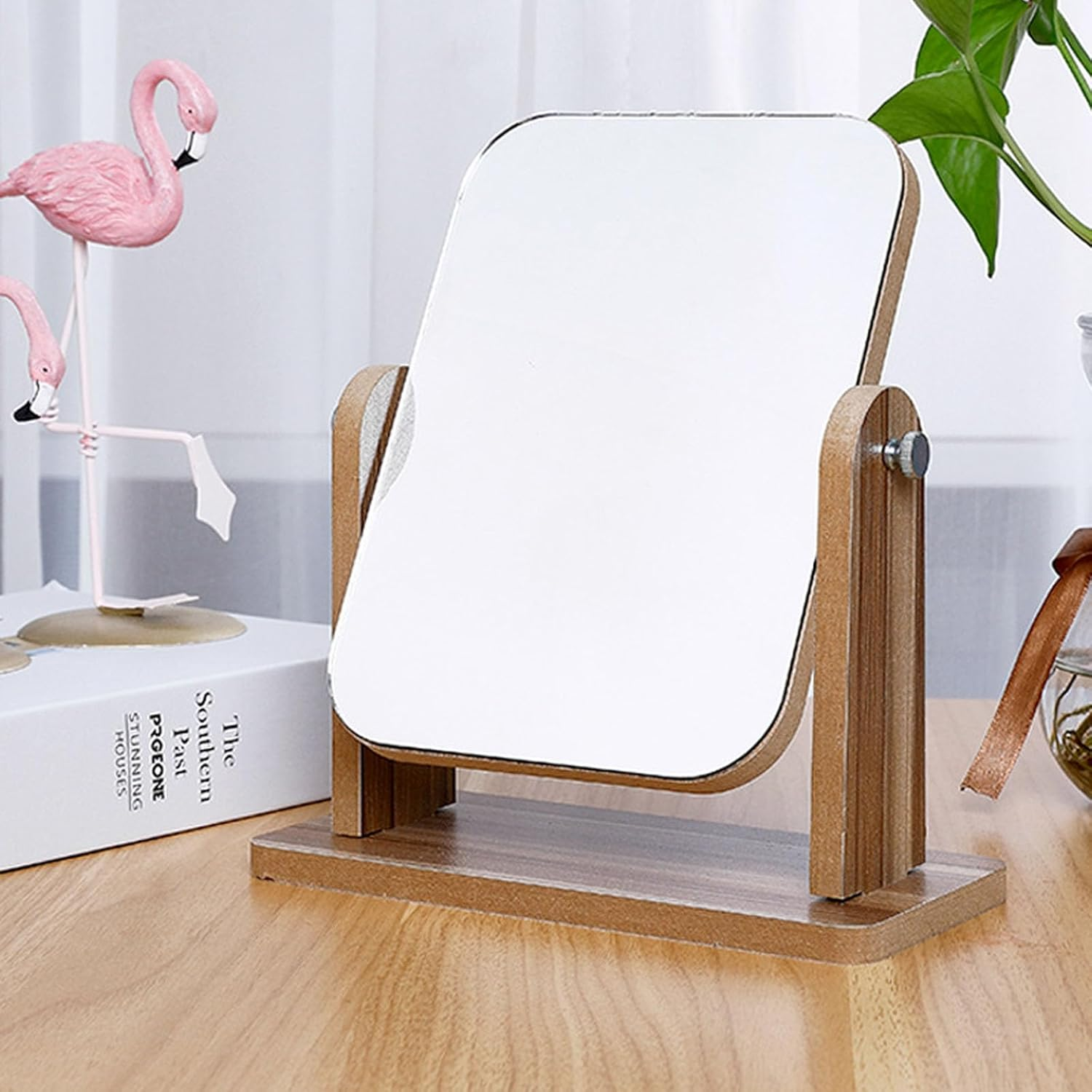 Cosmetic Mirror,With Natural Bamboo Stand,Magnification Double-Sided 360-Degree Rotating Magnifying Mirror,Portable Tabletop Mirror,Bathroom Shaving Makeup Mirror,Desk Mirror,Vanity Mirror（Medium
