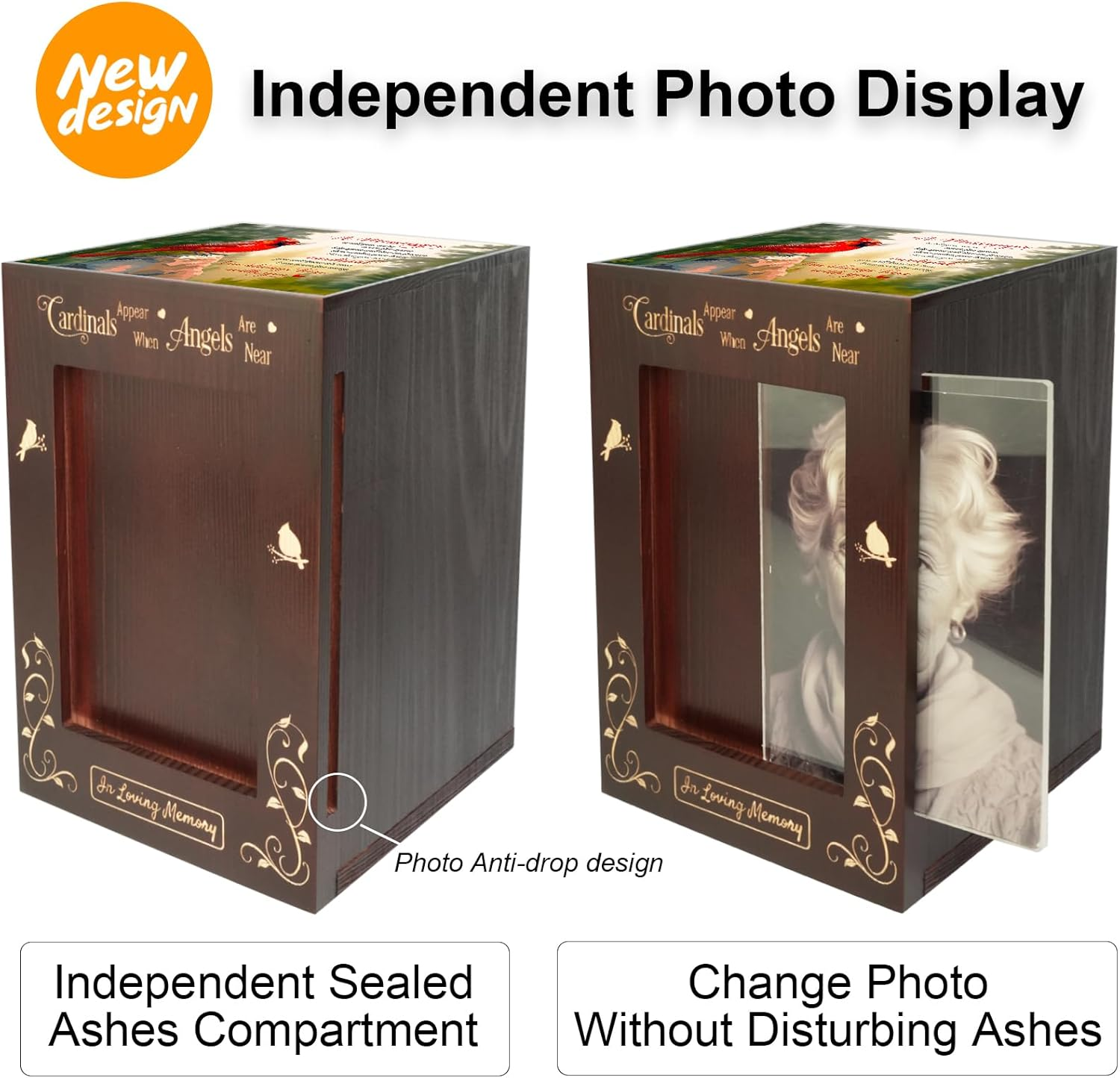 Wooden Cremation Urns with Photo Frame for Human Ashes Adult Female Male, Wood Urns Box and Casket, Funeral Decorative Urn with Picture for Adults up to 200 Lbs (Large, Cardinal) - Hummingbird image number 3