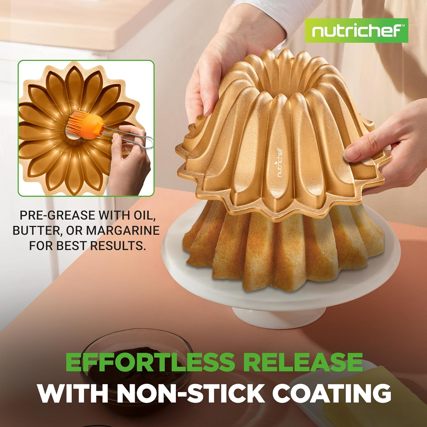Spring Water Fluted Bundt Cake Pan, Extra Thick and Non Stick Aluminum Bakeware with 2 Layers of Non Stick Coating for Easier Release, Uniform Baking and Browning image number 3