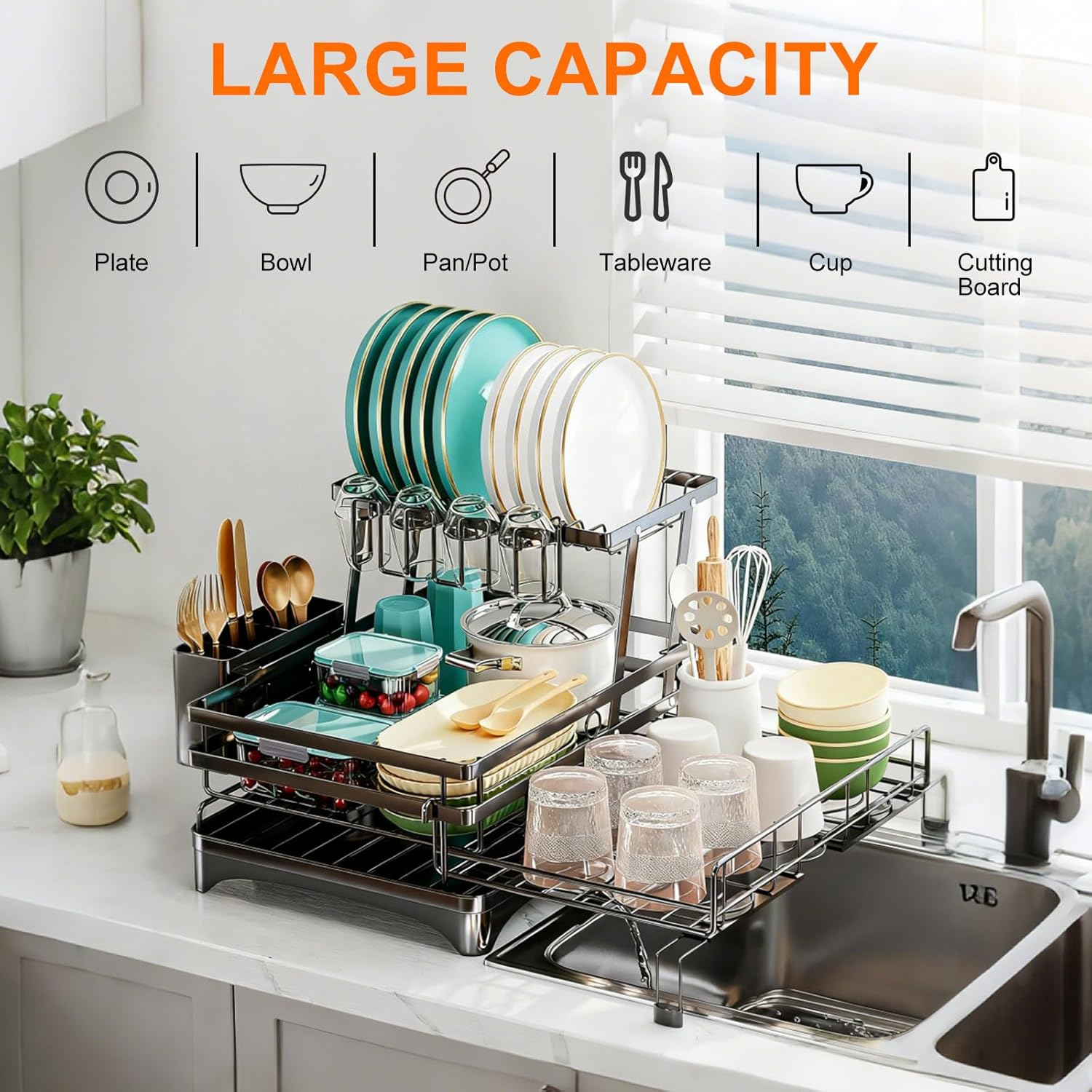 Expandable 2-In-1 Dish Drying Rack, 2-Tier Dish Rack with 360&deg; Rotating Drainer Board, Carbon Steel Dish Drainerwith Cutlery Utensil Rack & Holders for Kitchen Storage & Organisation image number 6