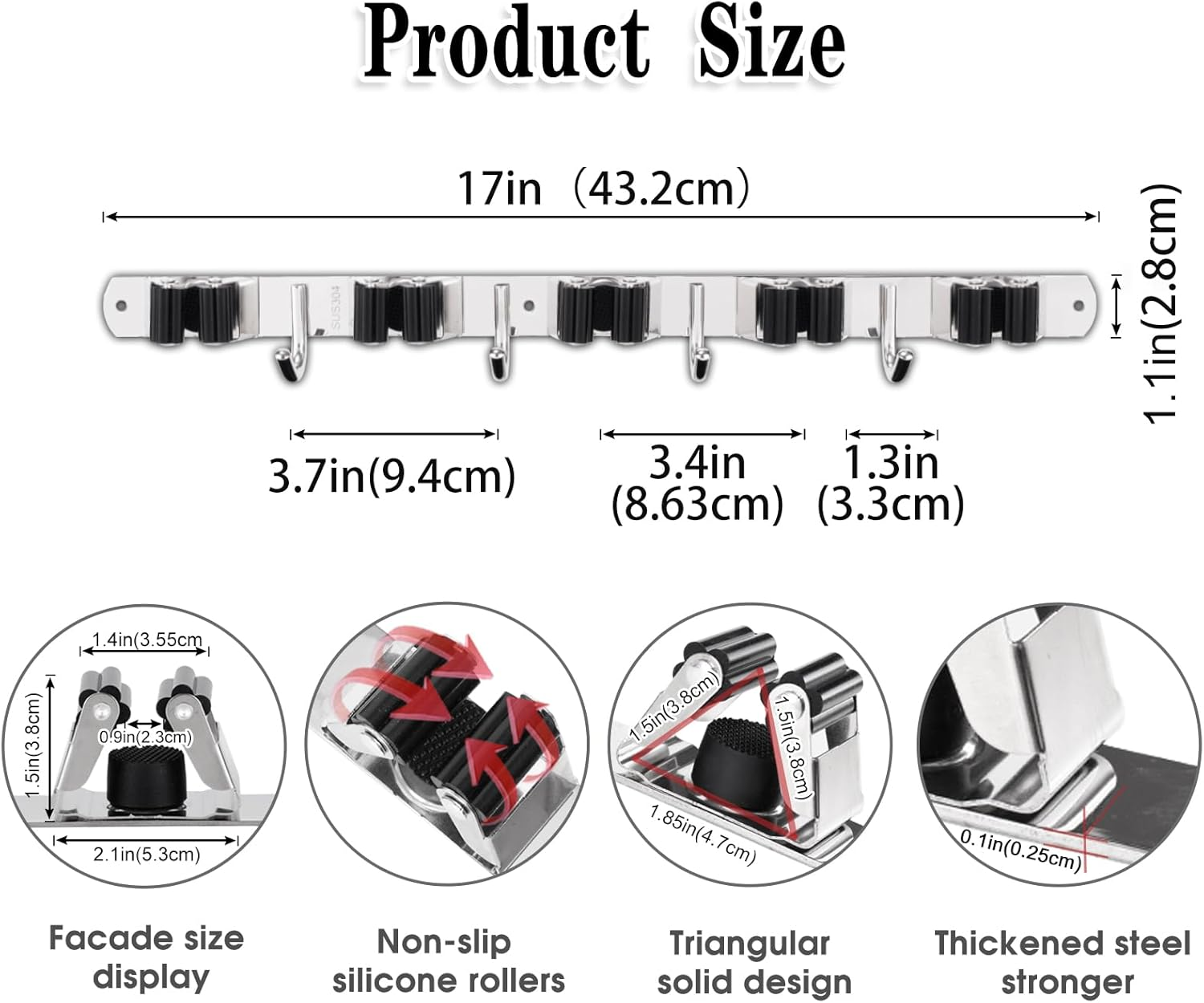 5 Racks and 4 Hooks Mop and Broom Holder Wall Mount, Broom Organizer Storage Tool Racks Stainless Steel Heavy Duty Hooks Self Adhesive Solid Non-Slip for Home Kitchen Garden Laundry Garage image number 7