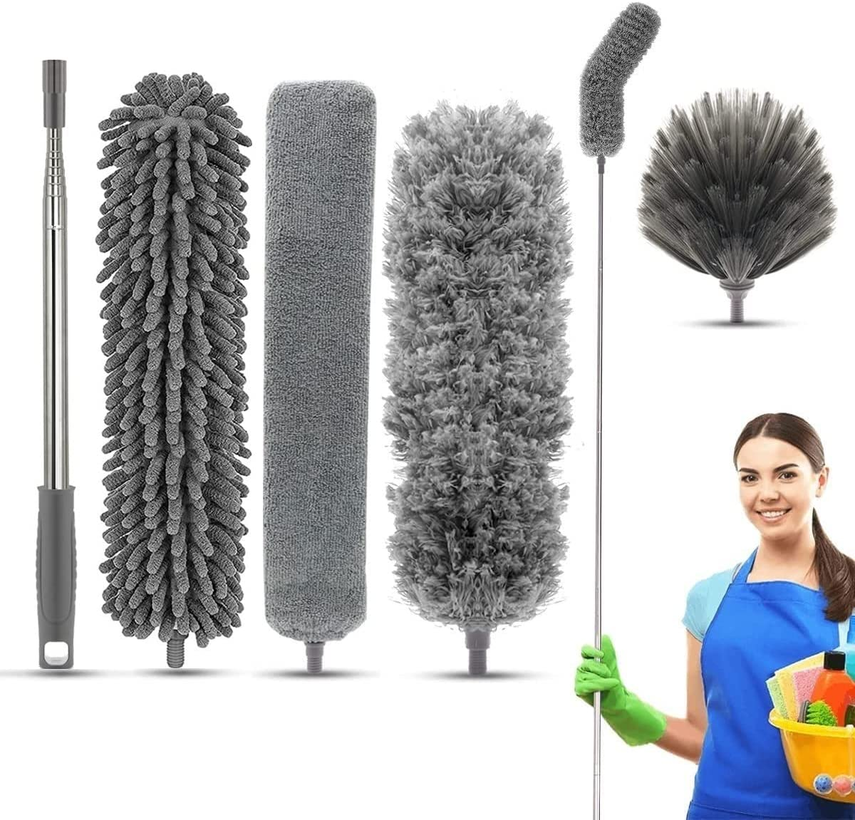 New Upgrade Feather Duster 100Inch Bold Extension Telescopic Pole, Bendable & Washable Microfiber Dusters,With 3 Brush for Cleaning Ceiling Fan, Cobweb,Gap, High Ceiling, Blinds, Furniture, Cars