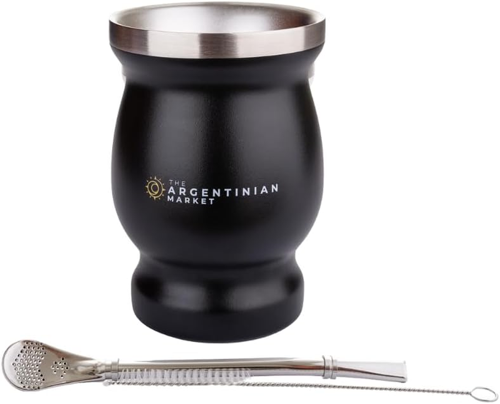 Mate Cup Gourd, Bombilla Straw and Cleaning Brush Set, Stainless Steel (Black)