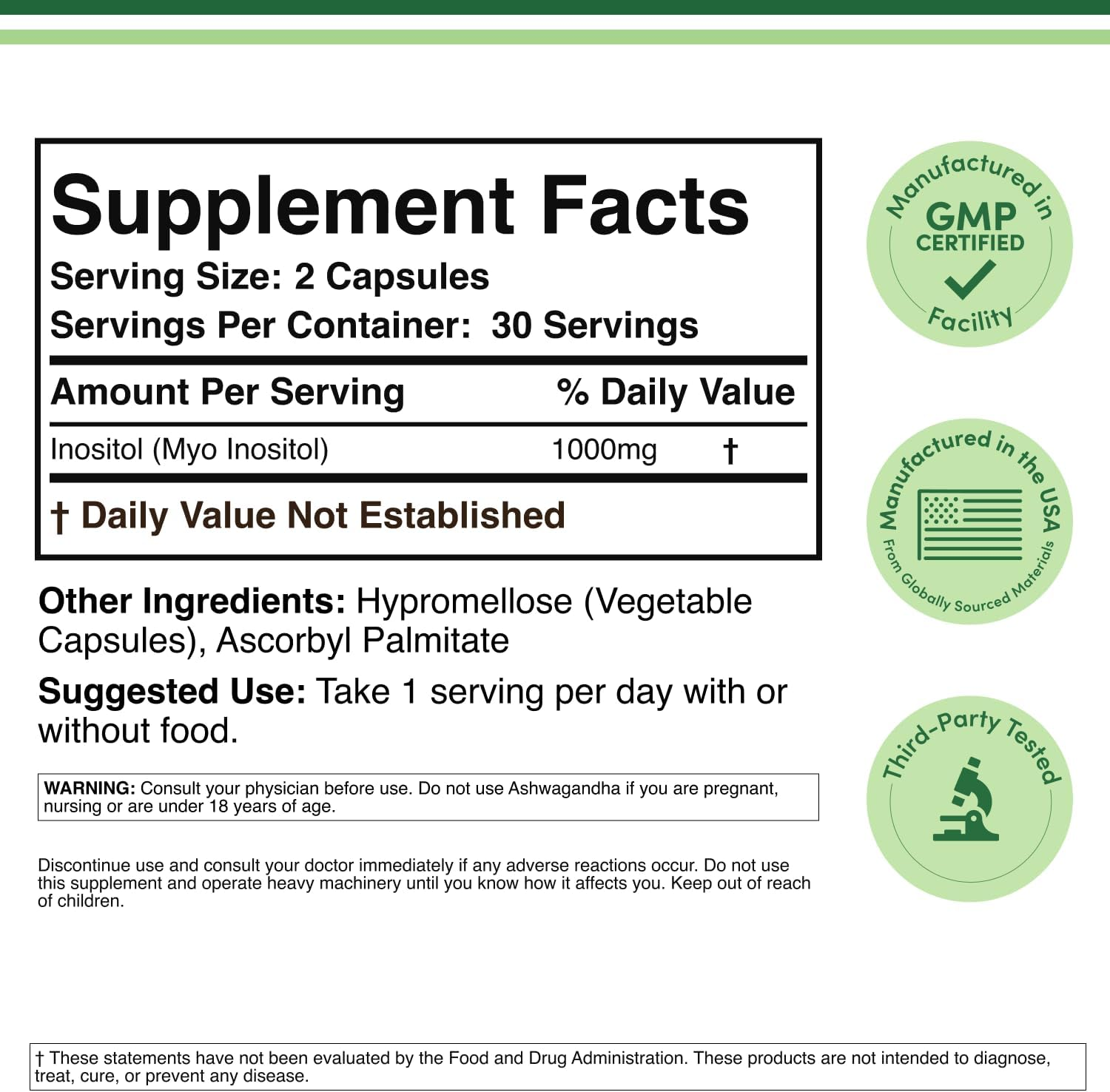 Inositol Capsules (Myo Inositol) 1000Mg Health Support for Women (60 Count)(No Fillers, Vegan Safe, Gluten Free) by Double Wood image number 2