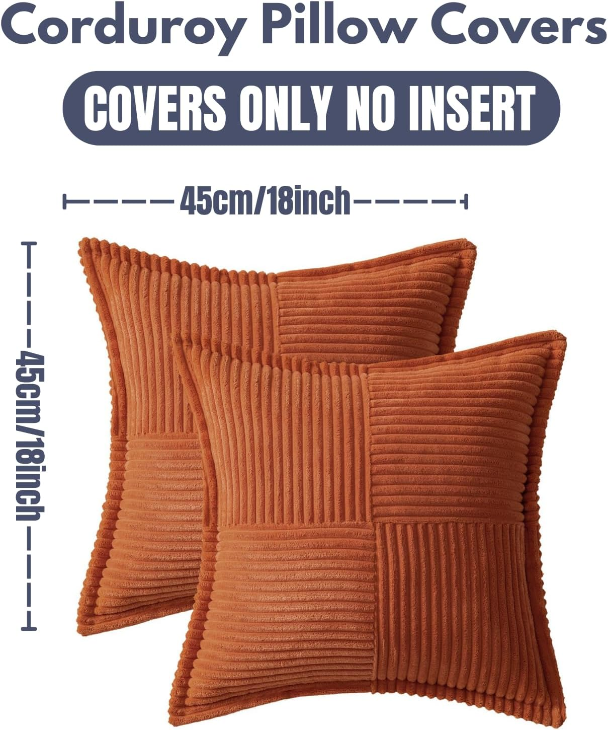 2 Packs Throw Pillow Covers Corduroy,Decorative Lumbar Pillow Covers, JOMWEN Super Soft Boho Striped Cushion Covers for Couch Bed Sofa Livingroom (Rust, 45 X 45 Cm)