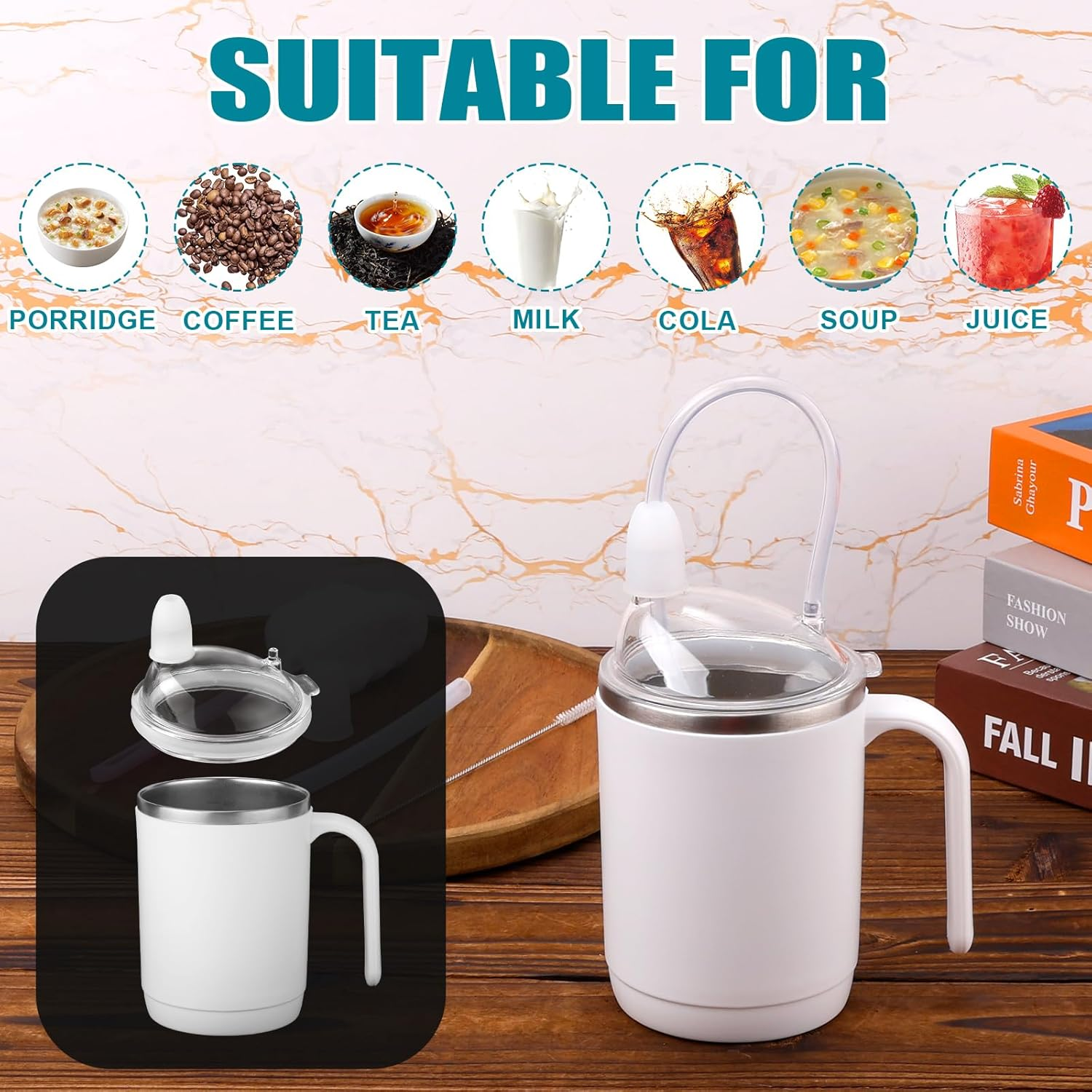 Gosknor Spill Proof Cups for Elderly, 450Ml Stainless Steel Sippy Cup No Spill Cups with Straw Leak Proof Porridge Mug Suitable for Seniors Adults Maternity Drinking Water Milk and Soup (White) image number 5