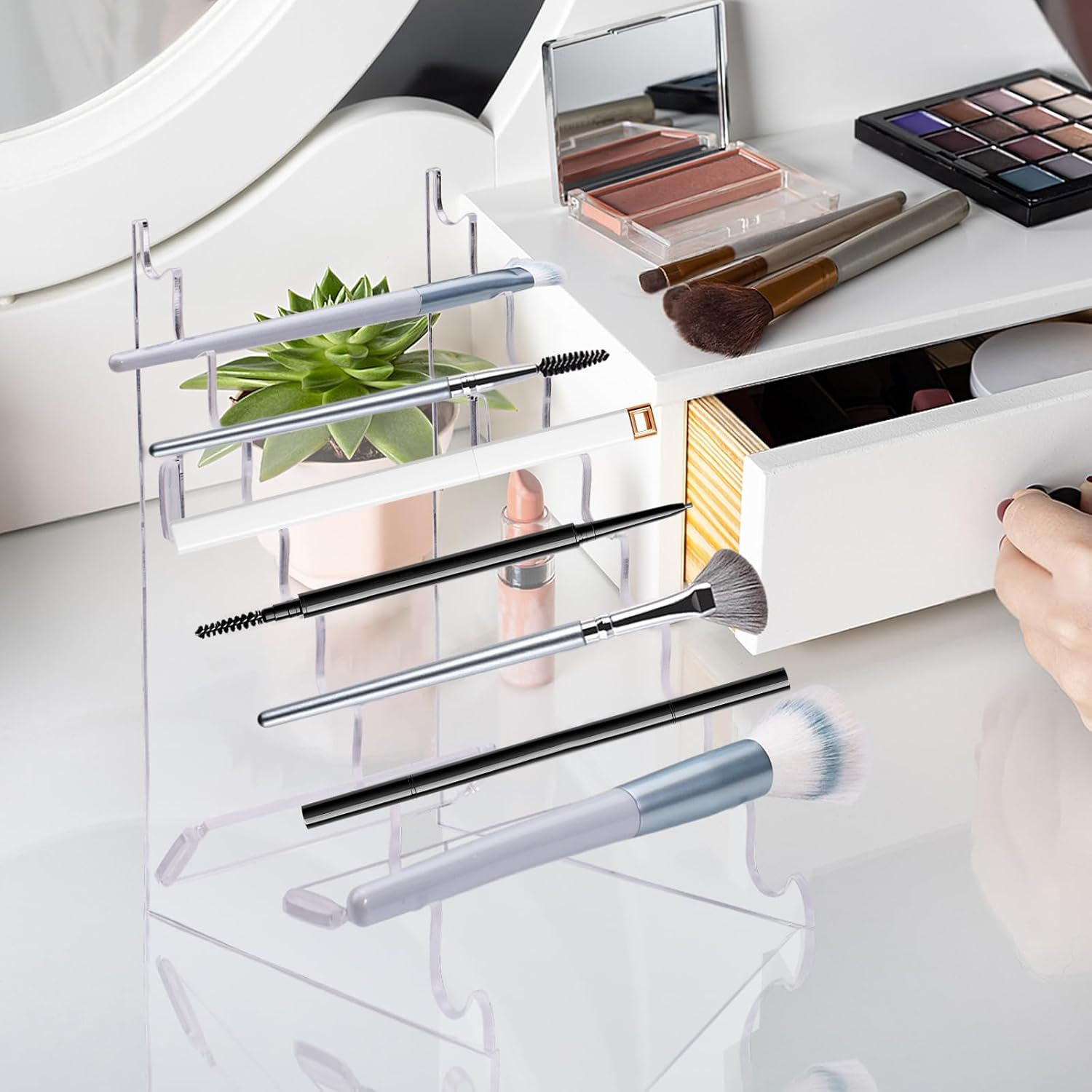 YITOBA 9-Slots Pen Display Stand Holder, Vertical Pen Stand Rack, Acrylic Brush Holder for Cosmetic Tools, Makeup Brush Organizer for Vanity, Clear Paint Pencils Rack for Office (Clear) image number 1