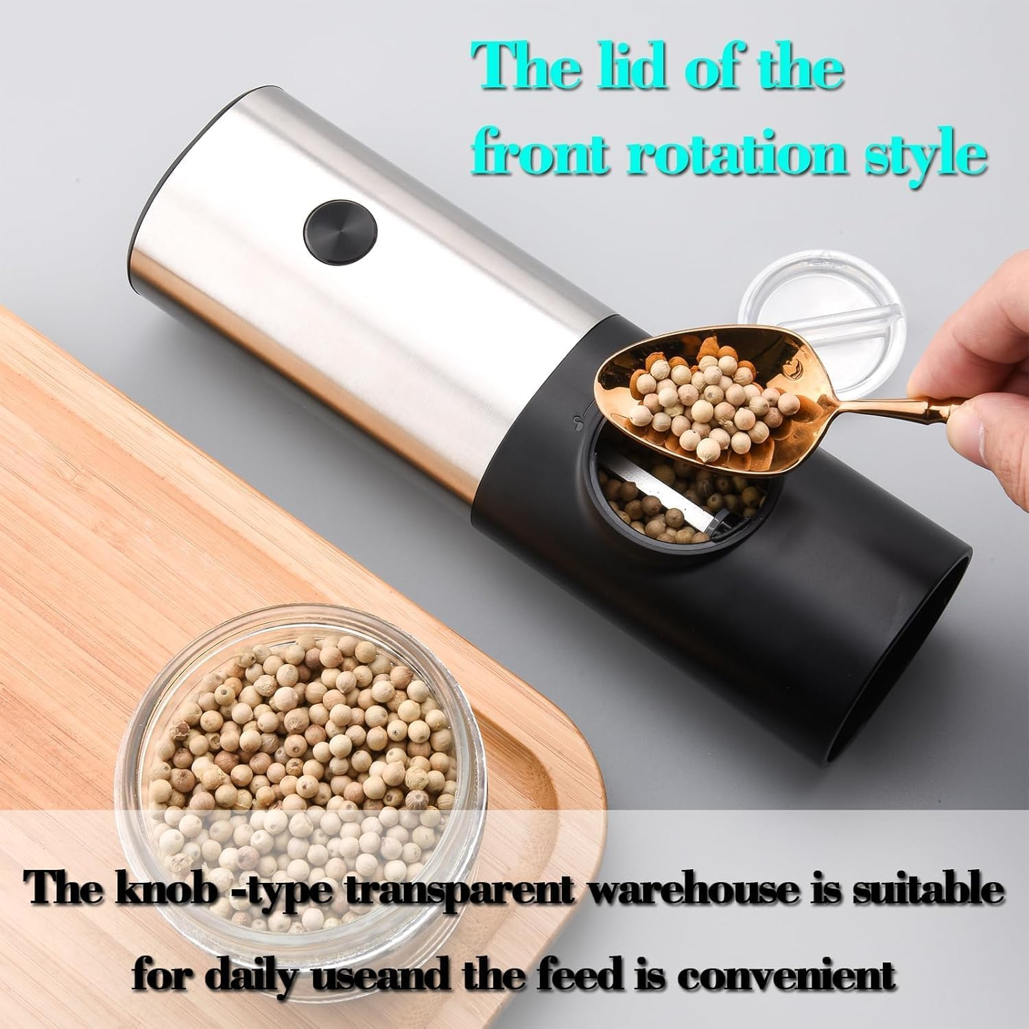 Electric Salt and Pepper Grinder Set, Battery Powered Automatic Pepper Mill, Ceramic Grinder with Adjustable Coarseness, LED Light, and Salt Mill Refillable, One Hand Operation (1 Pack-Silver) image number 5