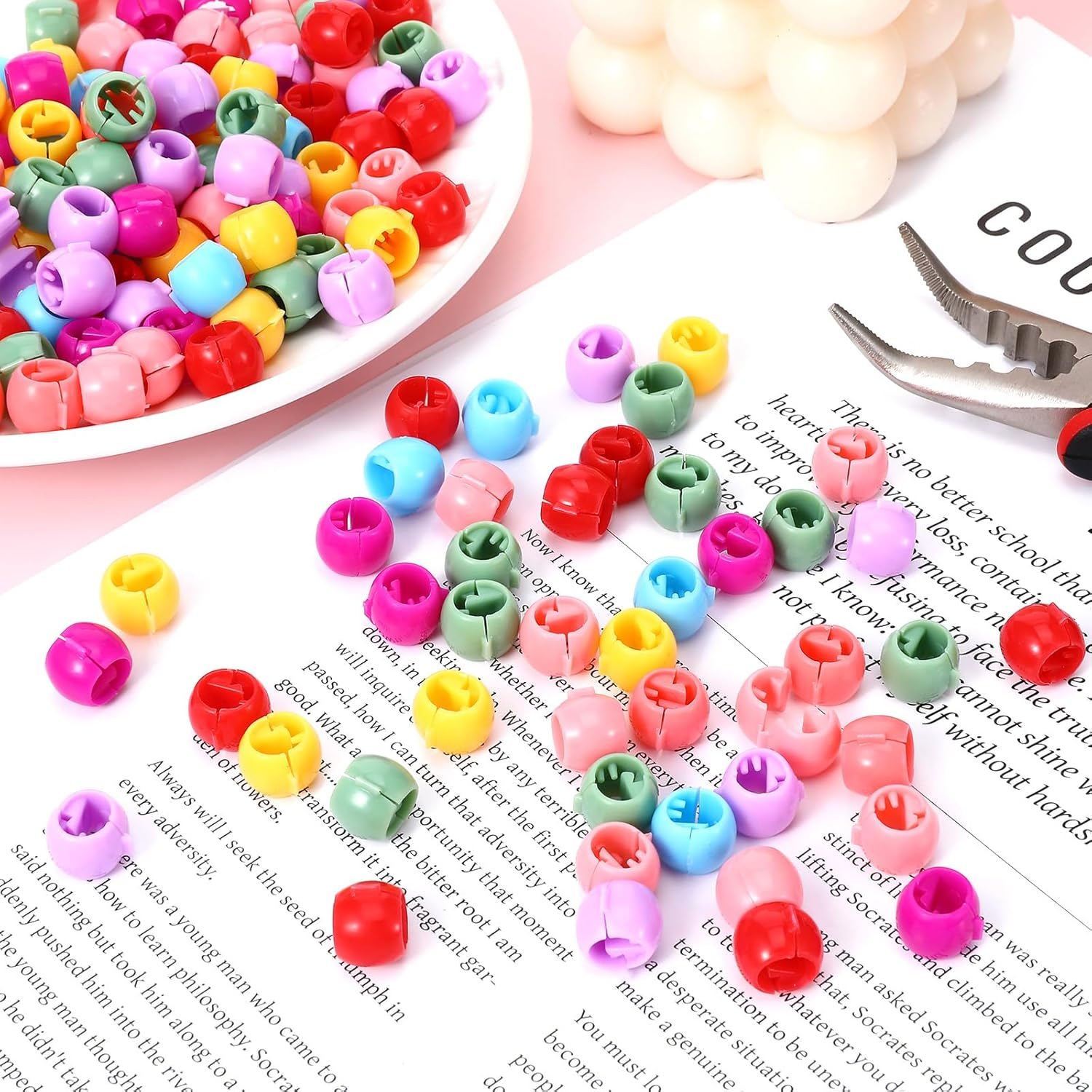 Ptwola 300 Pcs Rainbow Mini Hair Beads Plastic Tiny Hair Claw Clips Colorful Beads Clip Cute Candy Hairs Decorations Wear Braid Hairs Accessories Suitable for Women Girls image number 4