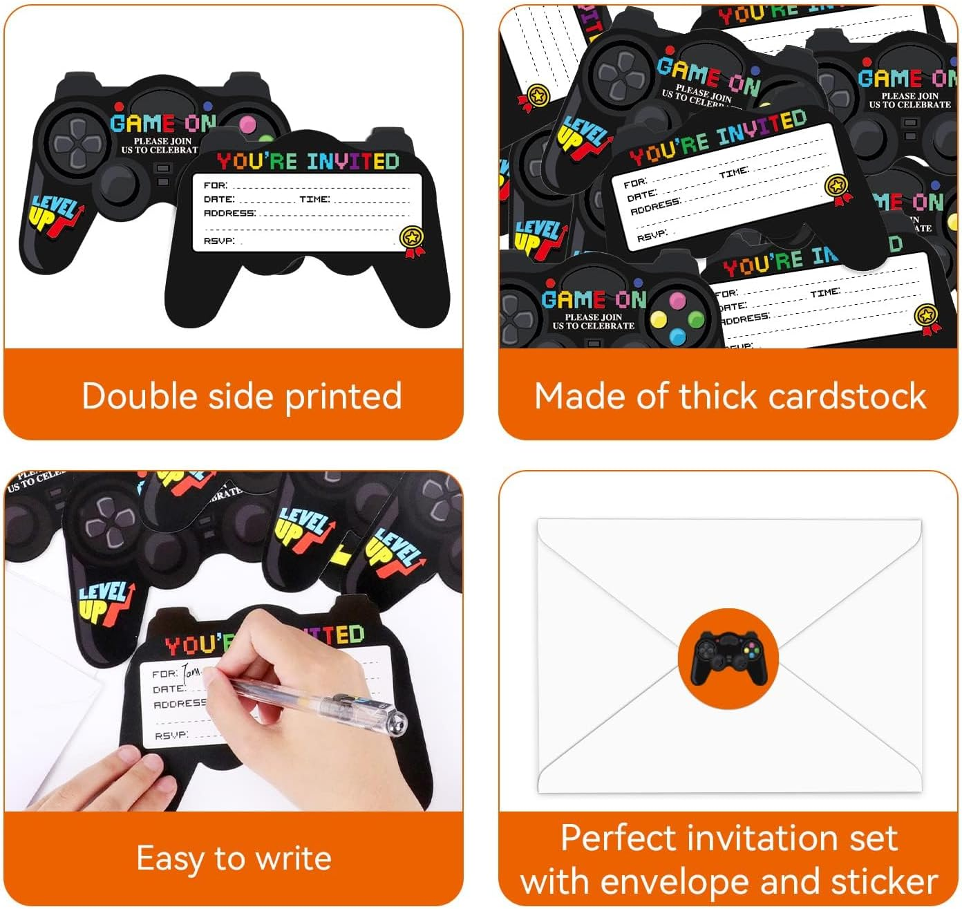 Tevxj 30 Pack Video Game Birthday Party Invitations Cards Envelopes Video Game Party Supplies Fill in Birthday Invite Cards Stickers Kids Boys Girls Game Lovers Birthday Party Decorations Favor 7X5''