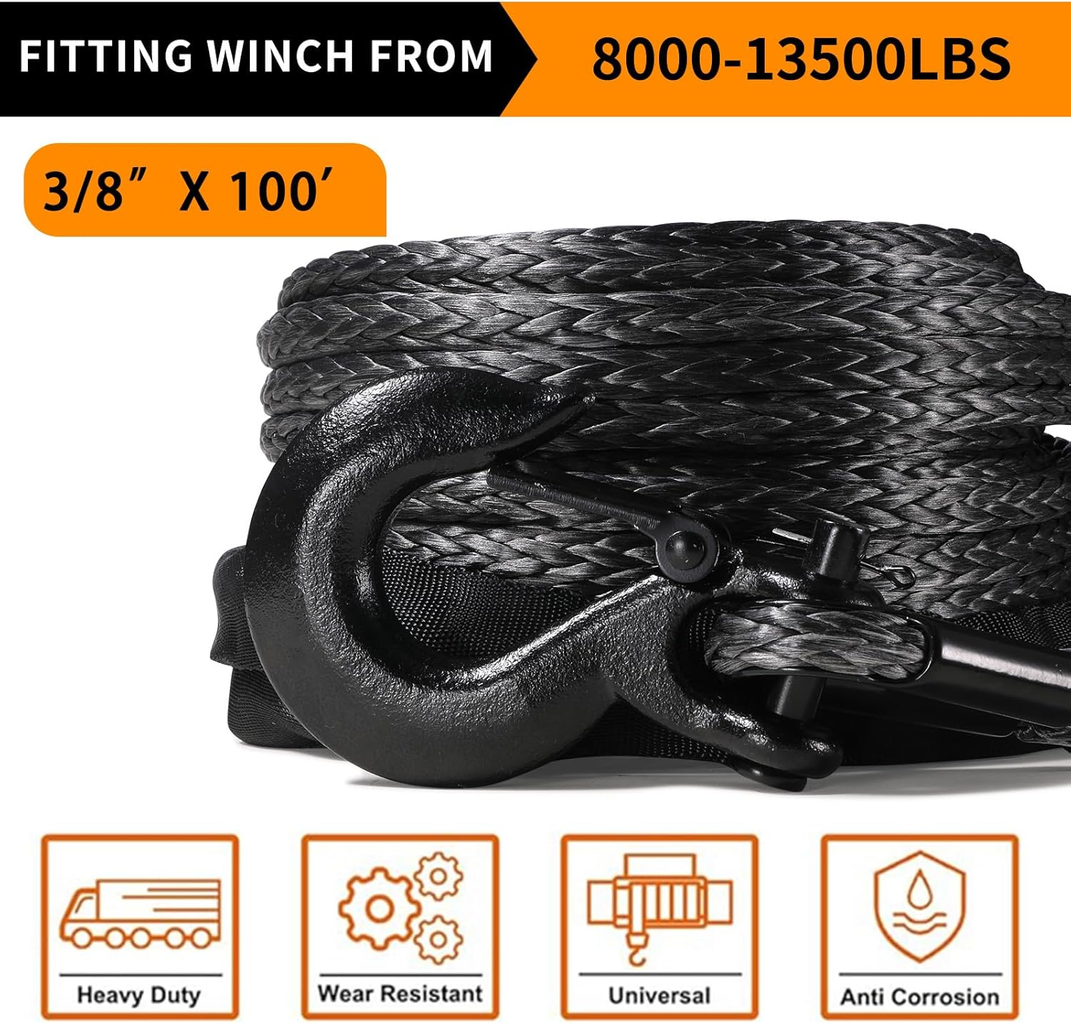 Alltoauto Winch Rope with Hook, 3/8" X 100'-25000Lbs Dyneema Synthetic Winch Rope Line Cable with Protective Sleeve for Truck 4WD Off-Road Vehicle Winch Accessory