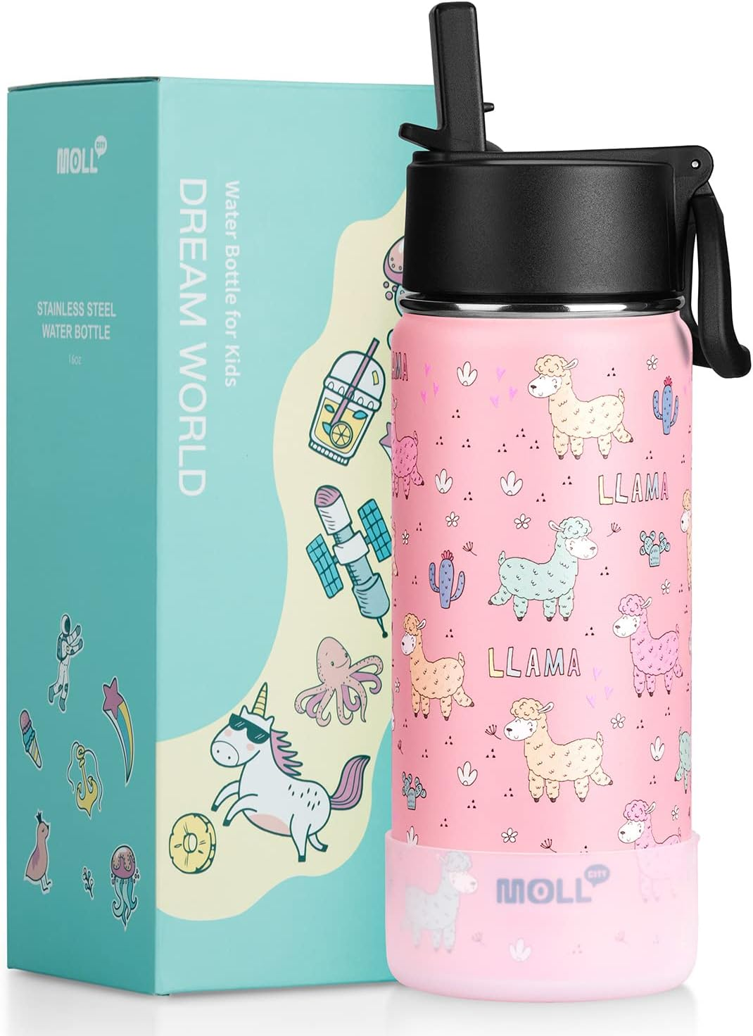 350ML Water Bottle with Straw Stainless Steel Double Wall Vacuum Insulated Water Bottle for Girls, Reusable Metal Water Flask BPA Free -Unicorn