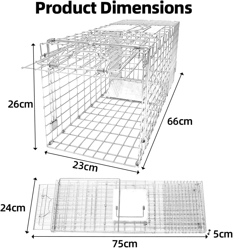 Possum Trap 66 X 23 X 26Cm Humane Large Animal Live Traps for Cats, Squirrels, Skunks, Groundhogs, Rabbits, Possums, Catch and Release Design Heavy Duty Folding Cage for Possum Stray Cat Fox Opossum image number 2