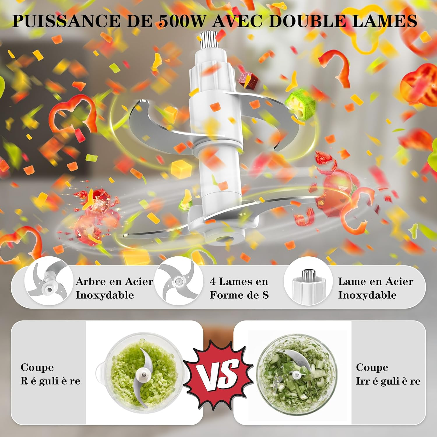 Becontrip Electric Kitchen Chopper [500W], Multi Chopper with 4 Stainless Steel Blades & 2L Double Bowl (Glass + Stainless Steel) - Food Processor for Baby Food, Meat, Vegetables, Onions (Copper Motor image number 4