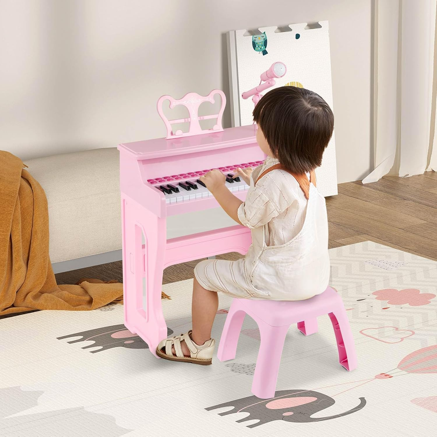 HONEY JOY 37-Key Piano Keyboard Toy, Electronic Musical Instrument W/ Adjustable Microphone, Detachable Music Stand & Matching Stool, Educational Gift for Toddlers Aged 3+ Years Old (Pink) - Style 2, Pink image number 5